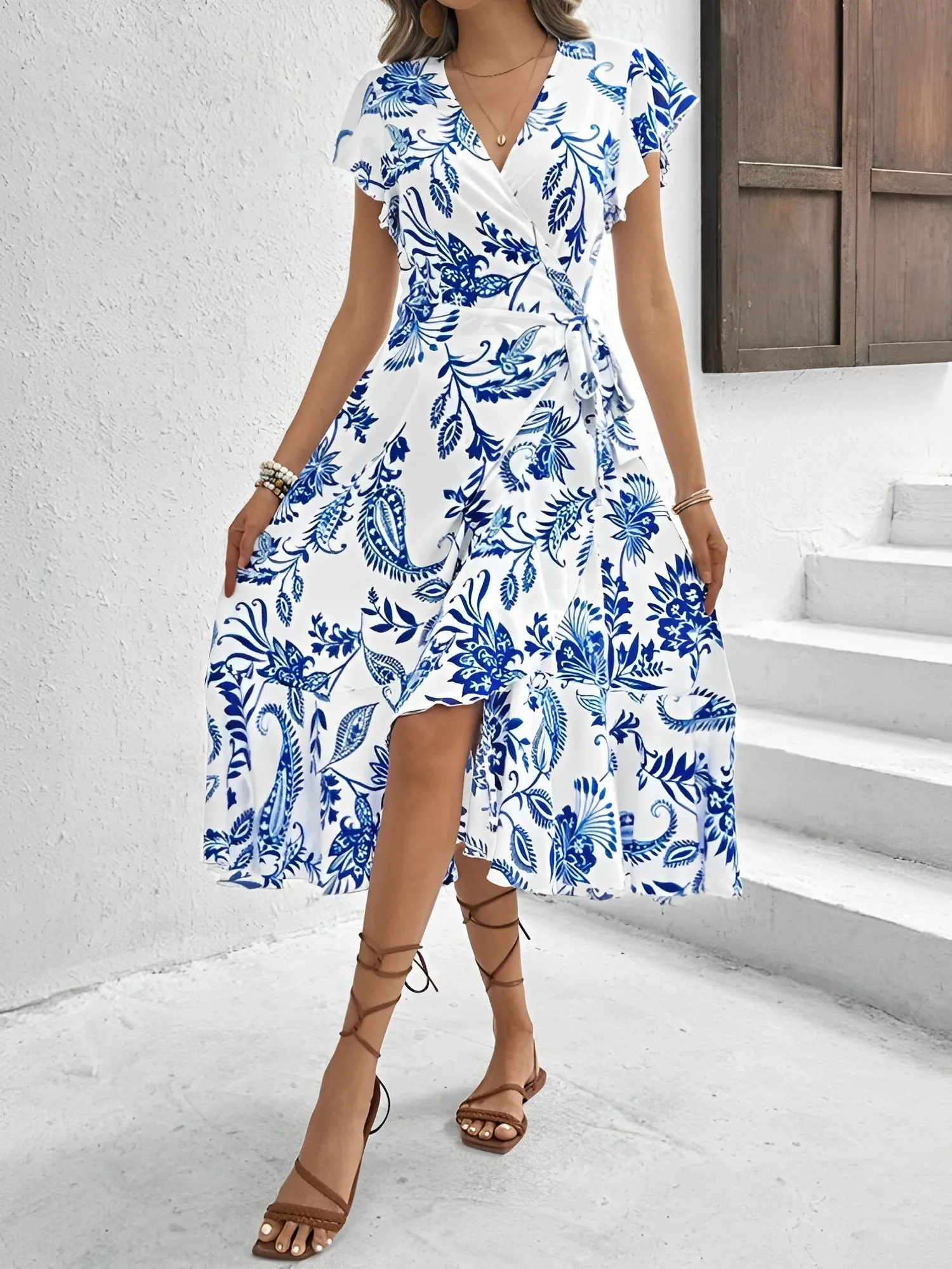Floral Ruffled Short Sleeves Lace-Up Wrap Dress sold by Allegra K product image thumbnail 4
