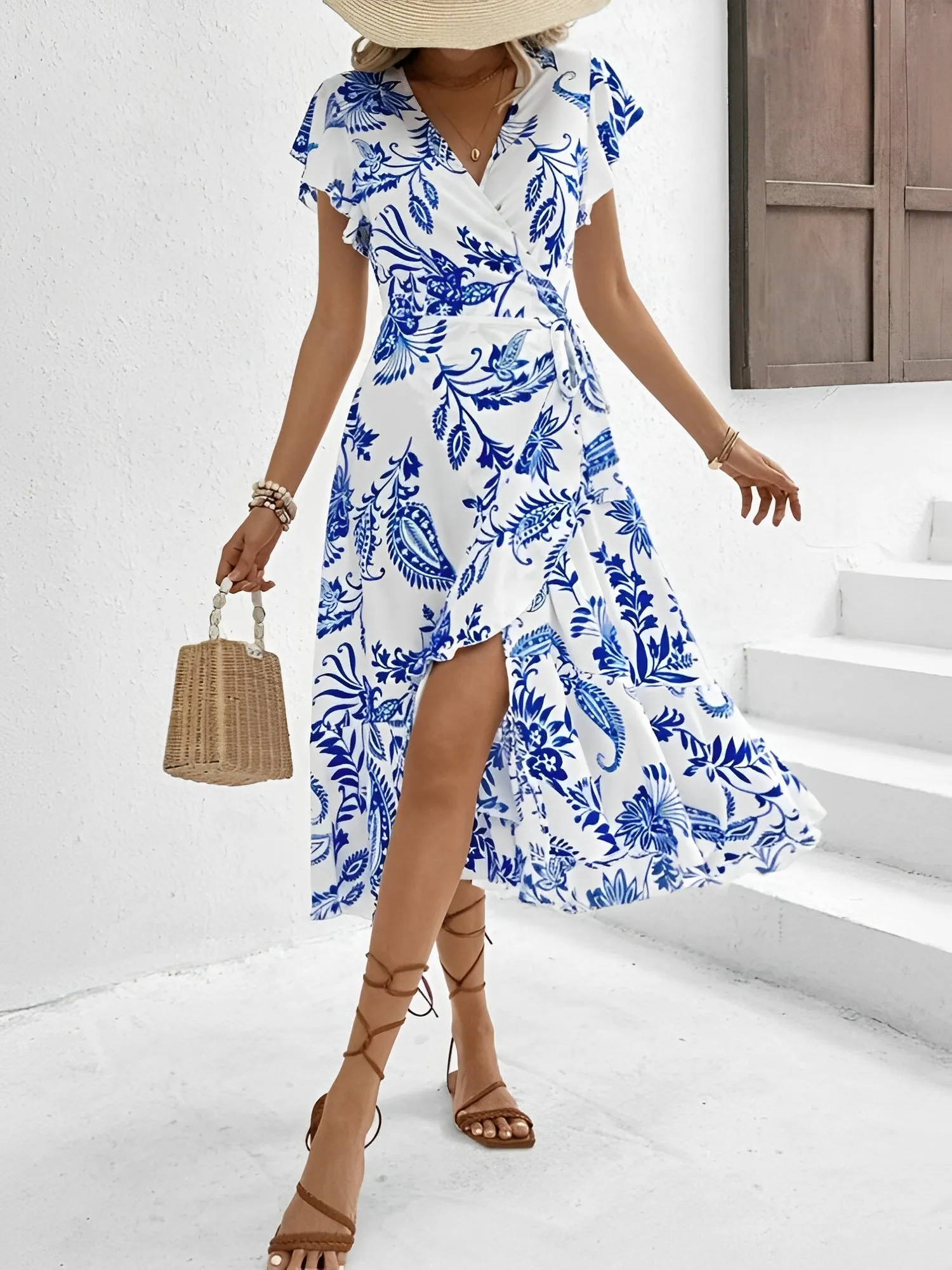 Floral Ruffled Short Sleeves Lace-Up Wrap Dress sold by Allegra K