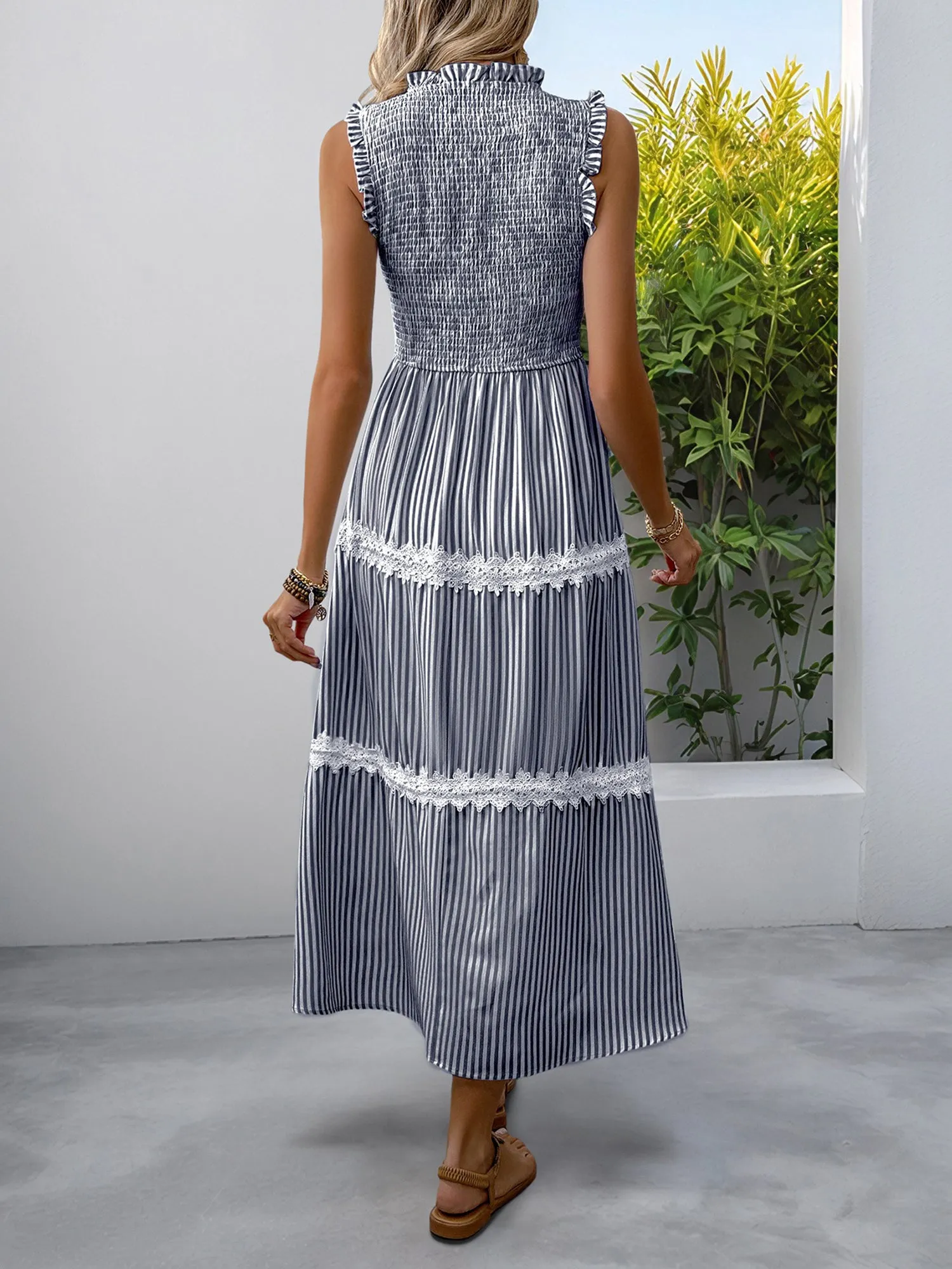 Ruffled Sleeveless Striped Smocked Lace Tiered Dress sold by Allegra K product image thumbnail 2