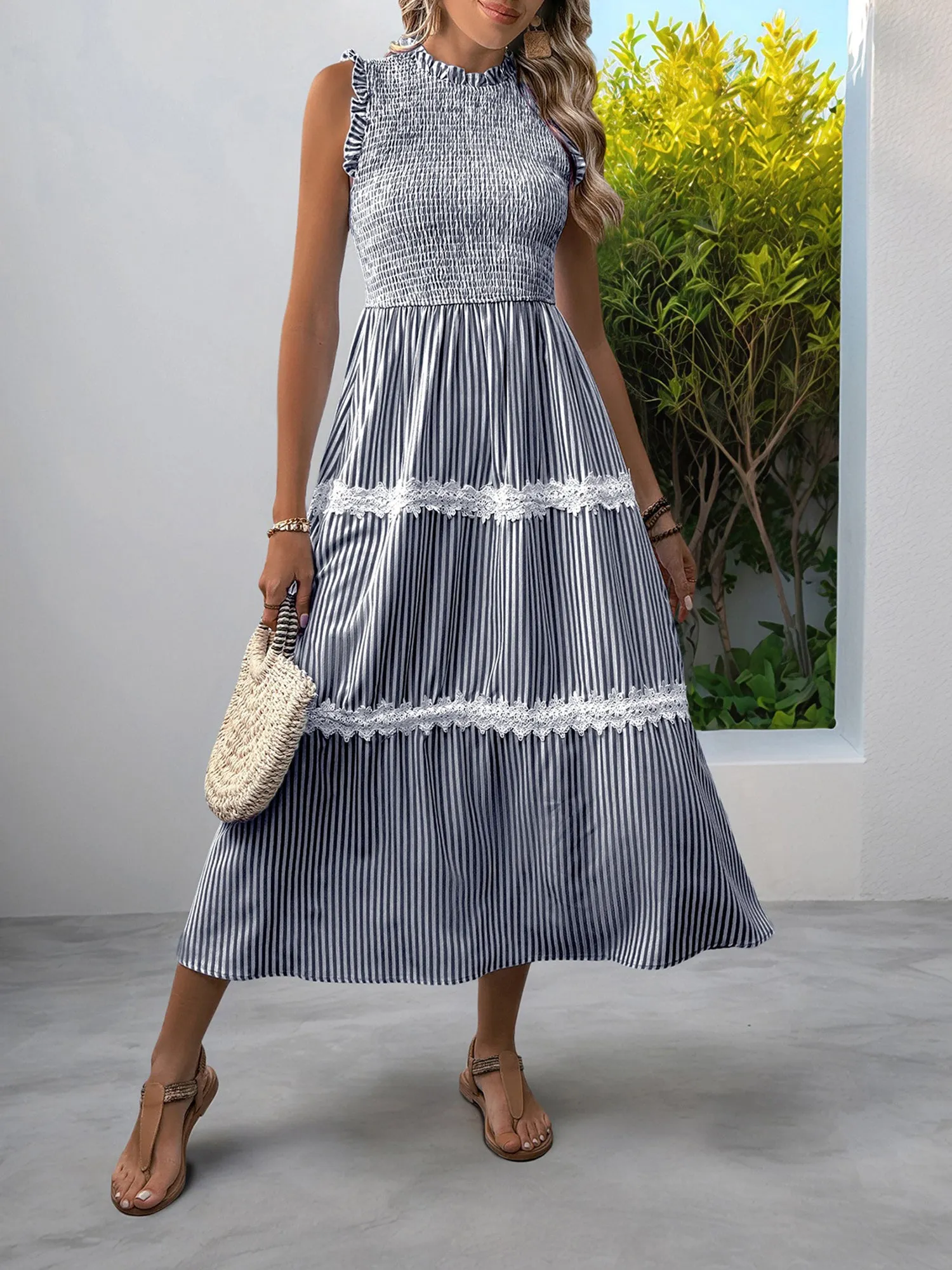 Ruffled Sleeveless Striped Smocked Lace Tiered Dress sold by Allegra K