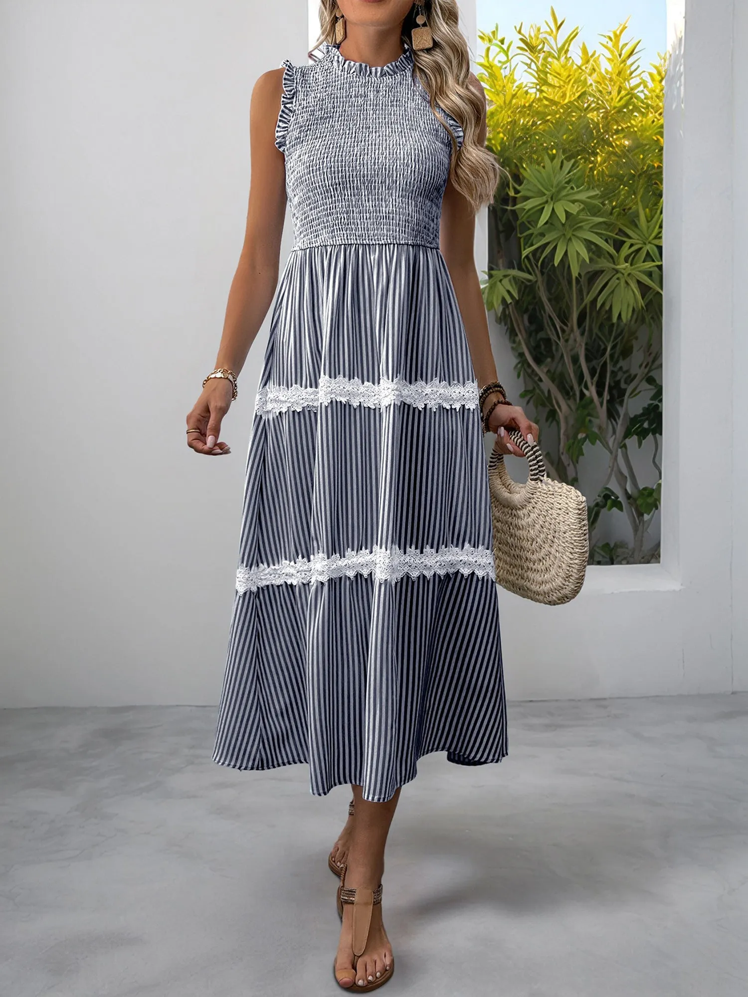 Ruffled Sleeveless Striped Smocked Lace Tiered Dress sold by Allegra K product image thumbnail 3