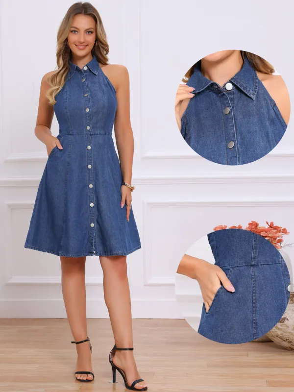 Denim Casual Halter Neck Midi Jean Dress sold by Allegra K