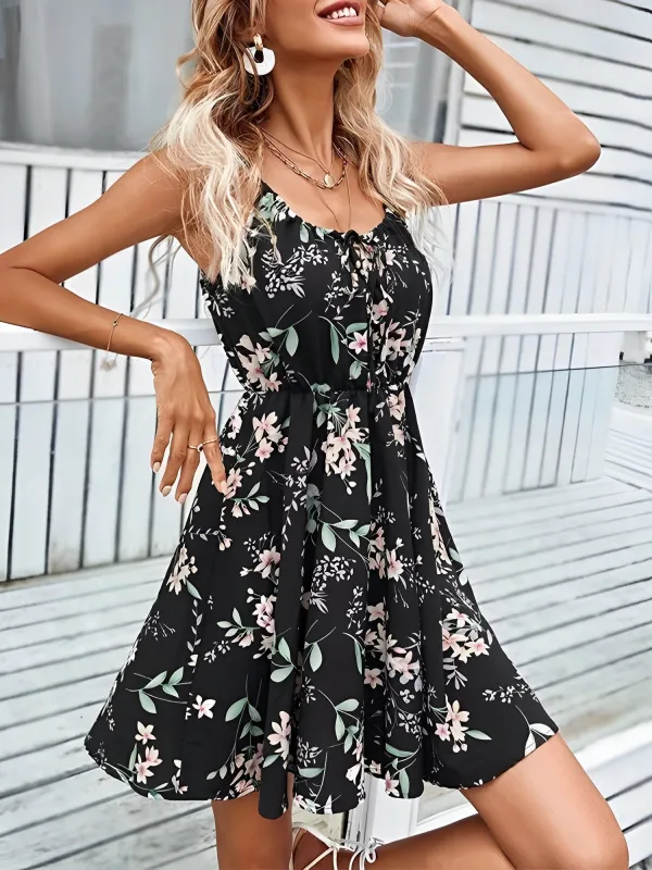 Floral Spaghetti Strap Lace-Up Mini A-Line Dress sold by Allegra K