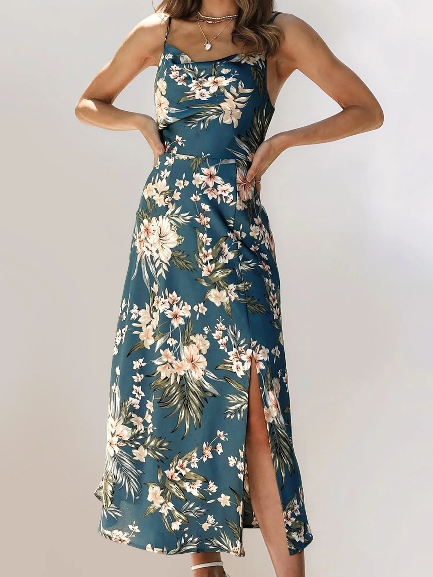 Floral Spaghetti Strap Backless Slit Midi Dress sold by Allegra K product image thumbnail 5