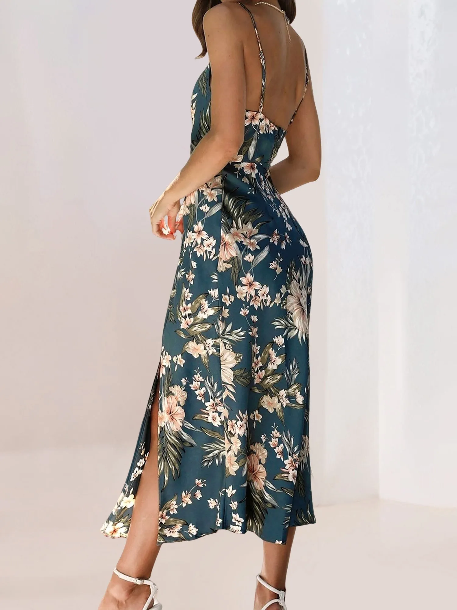 Floral Spaghetti Strap Backless Slit Midi Dress sold by Allegra K product image thumbnail 3
