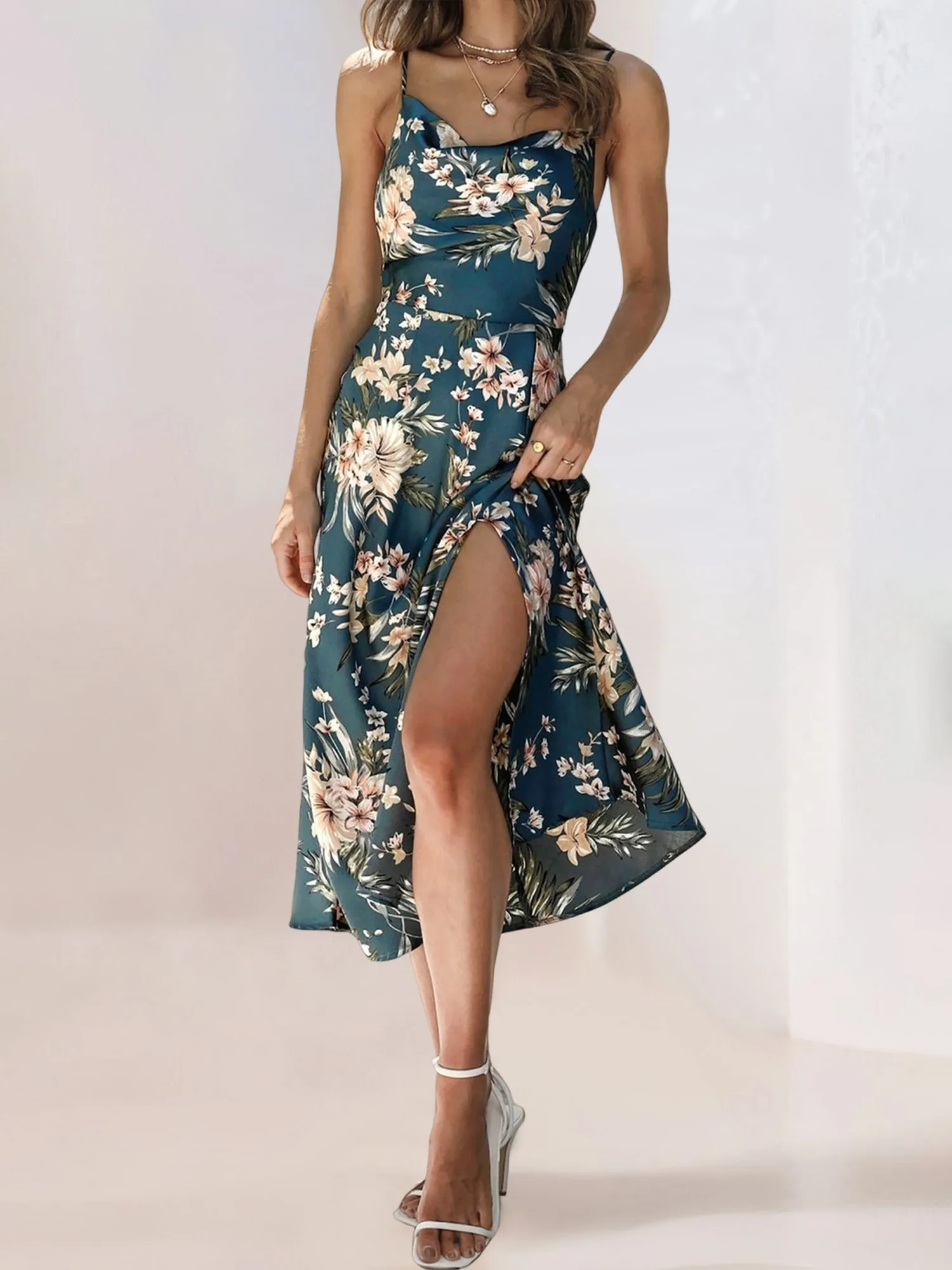 Floral Spaghetti Strap Backless Slit Midi Dress sold by Allegra K