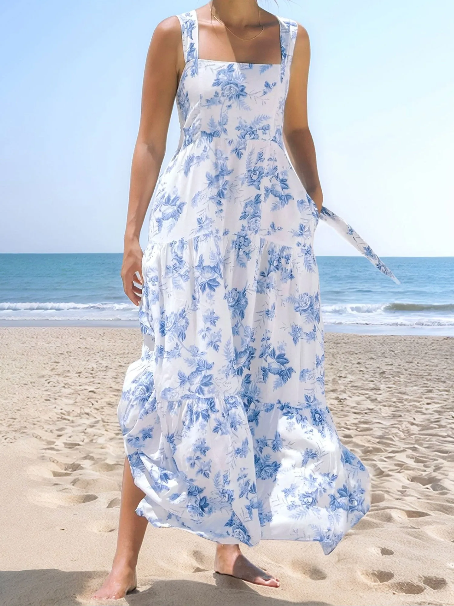 Floral Sleeveless Backless Smocked Tiered Pocket Dress sold by Allegra K product image thumbnail 4