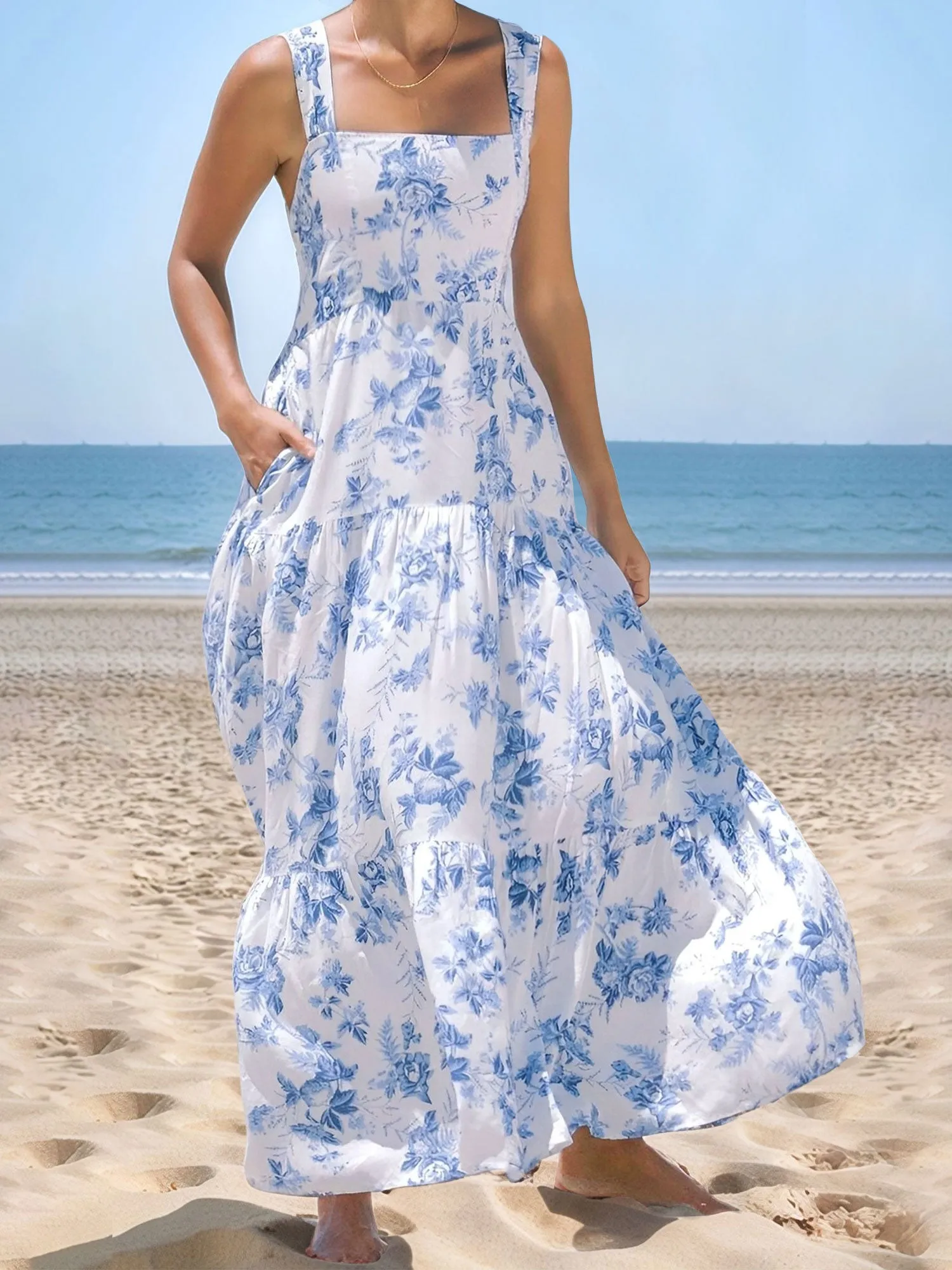 Floral Sleeveless Backless Smocked Tiered Pocket Dress sold by Allegra K