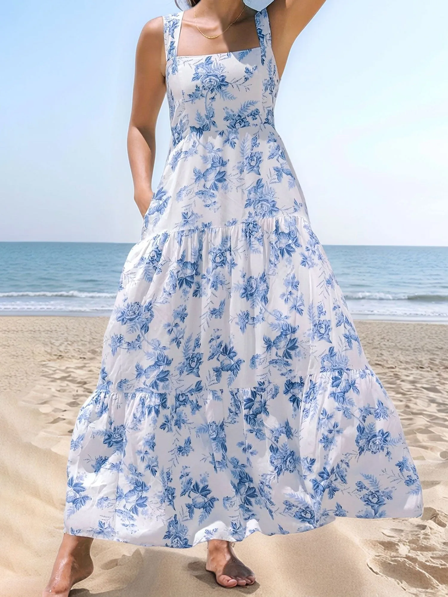 Floral Sleeveless Backless Smocked Tiered Pocket Dress sold by Allegra K product image thumbnail 3