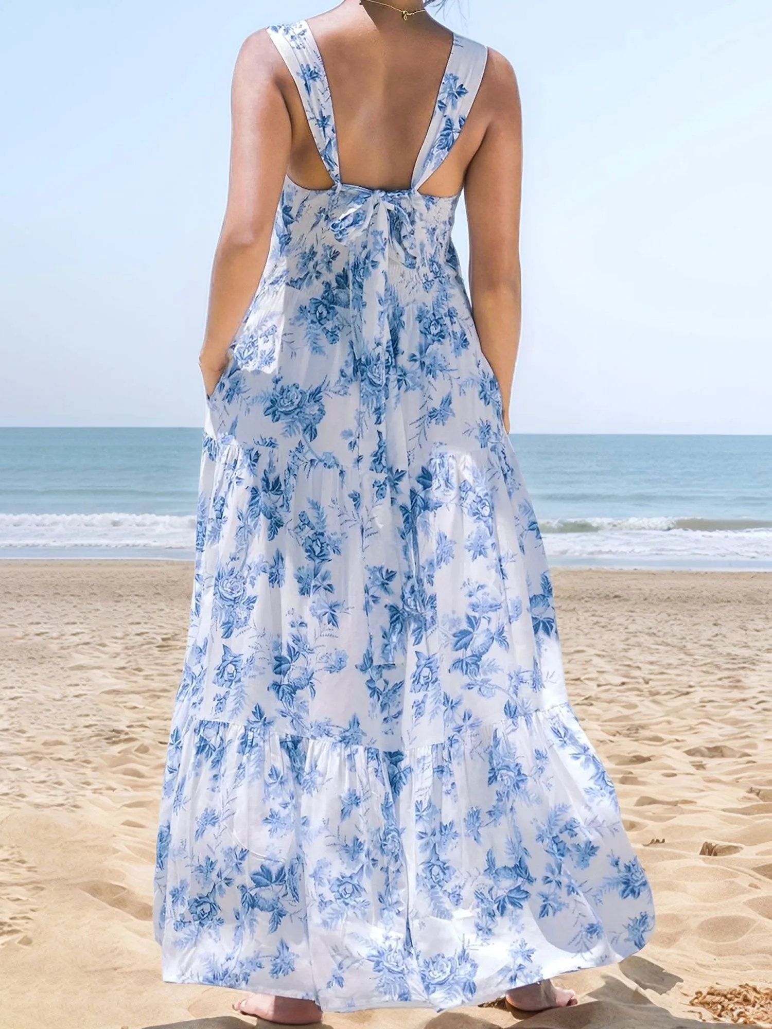 Floral Sleeveless Backless Smocked Tiered Pocket Dress sold by Allegra K product image thumbnail 2