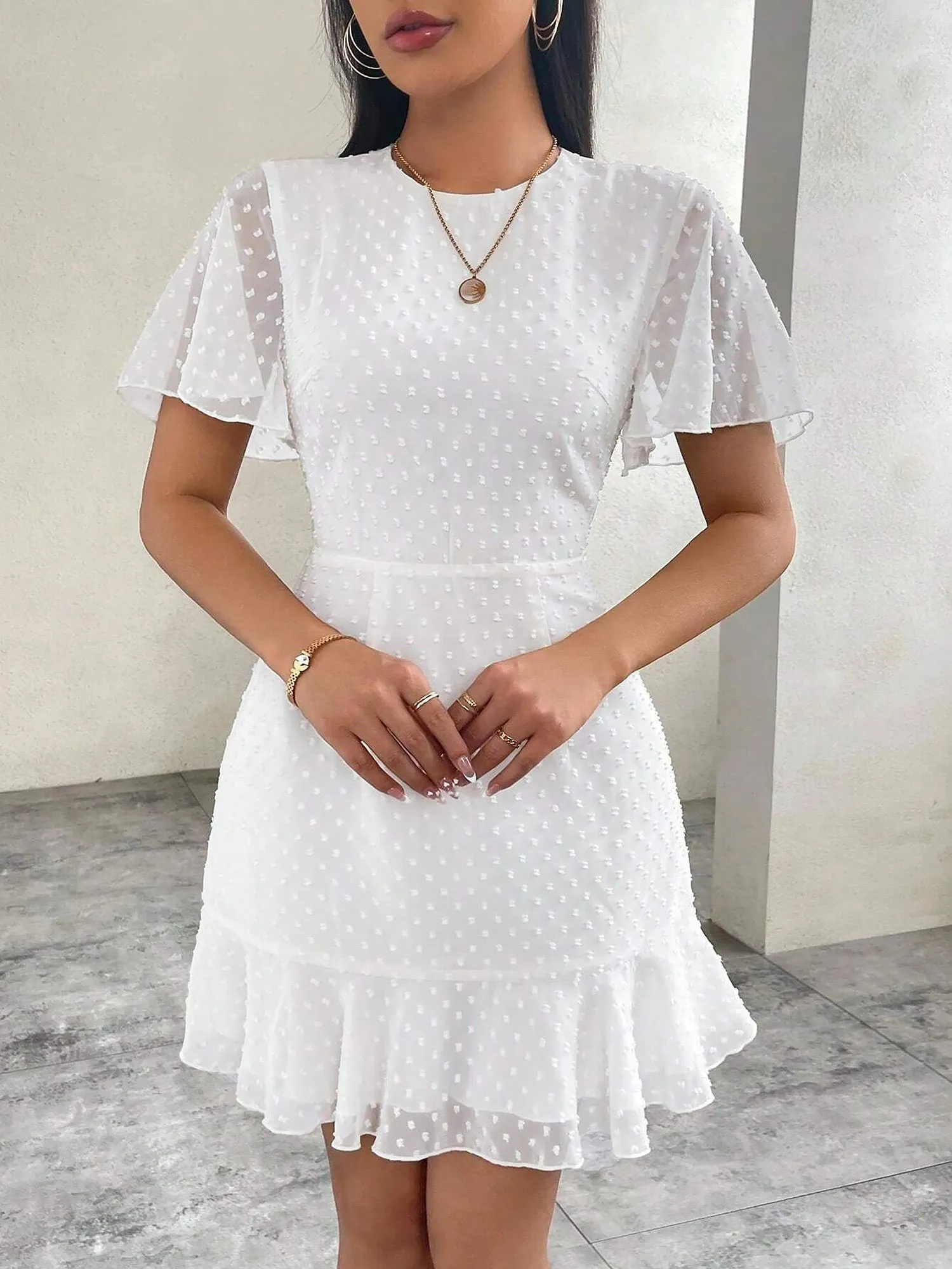 Ruffled Short Sleeves Swiss Dots Mini A-Line Dress sold by Allegra K product image thumbnail 5