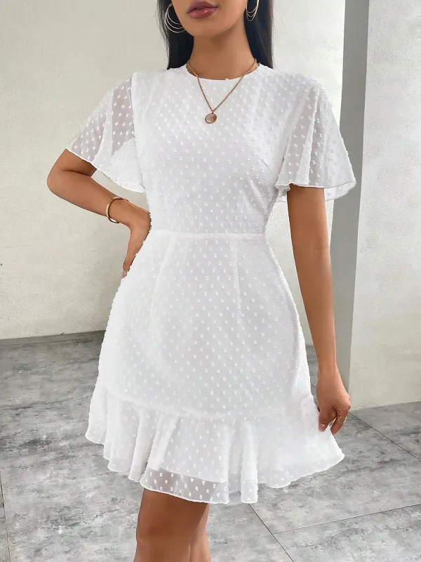 Ruffled Short Sleeves Swiss Dots Mini A-Line Dress sold by Allegra K
