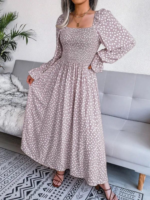 Square Neck Smocked Graphic Long Sleeve Maxi Dress sold by Allegra K