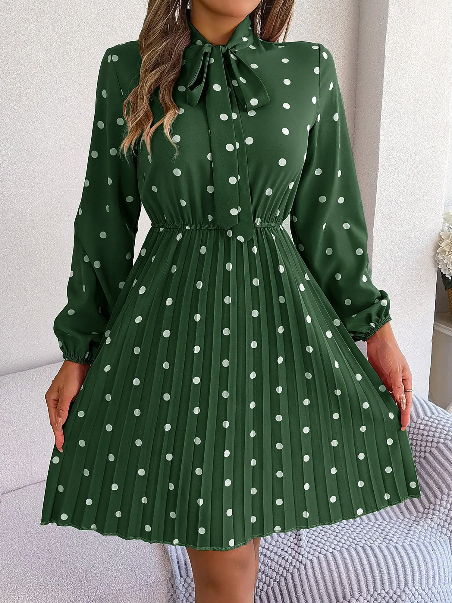Polka Dot Bow Tie Neck Long Sleeve Pleated Dress sold by Allegra K product image thumbnail 4