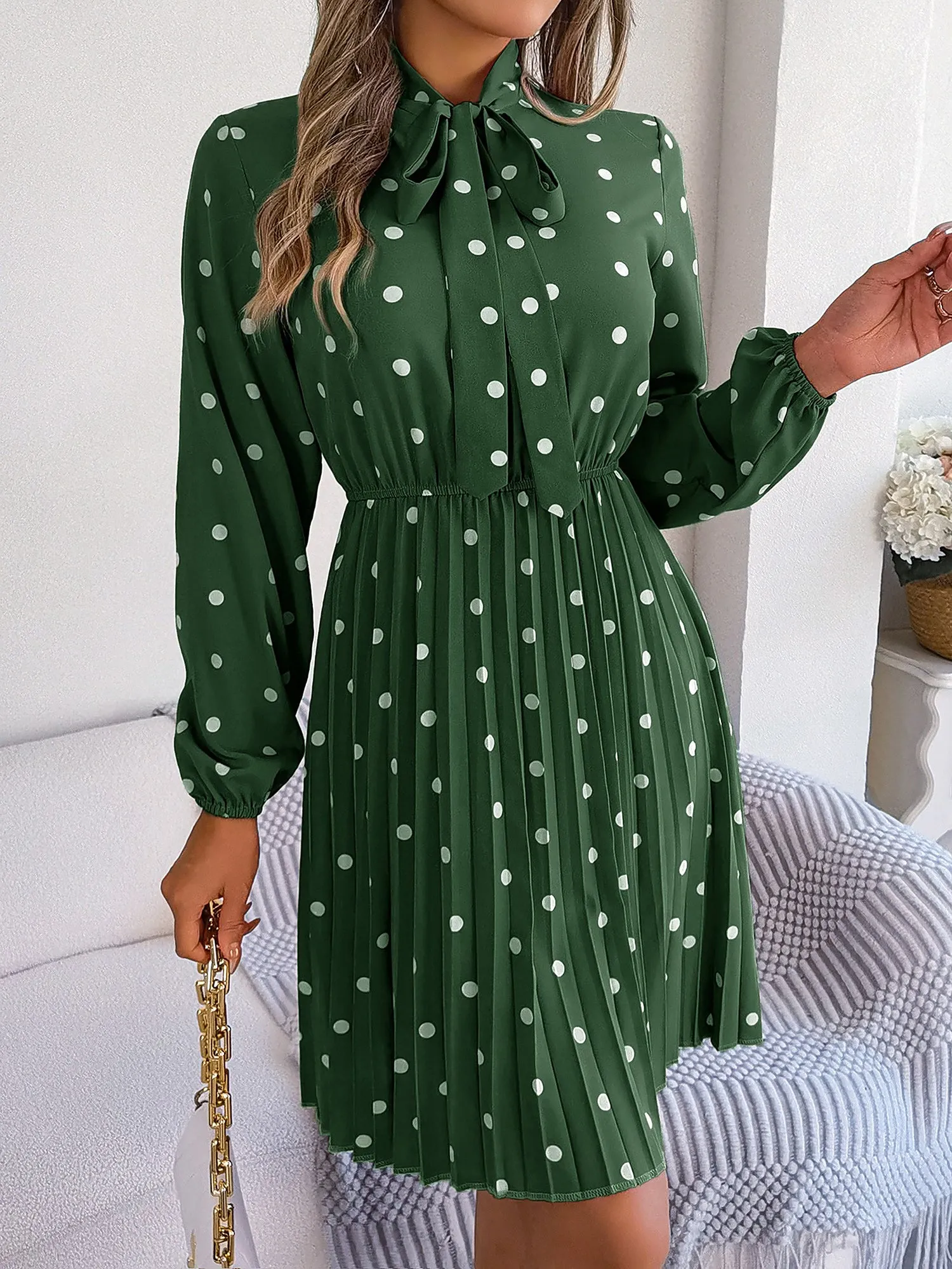 Polka Dot Bow Tie Neck Long Sleeve Pleated Dress sold by Allegra K product image thumbnail 3