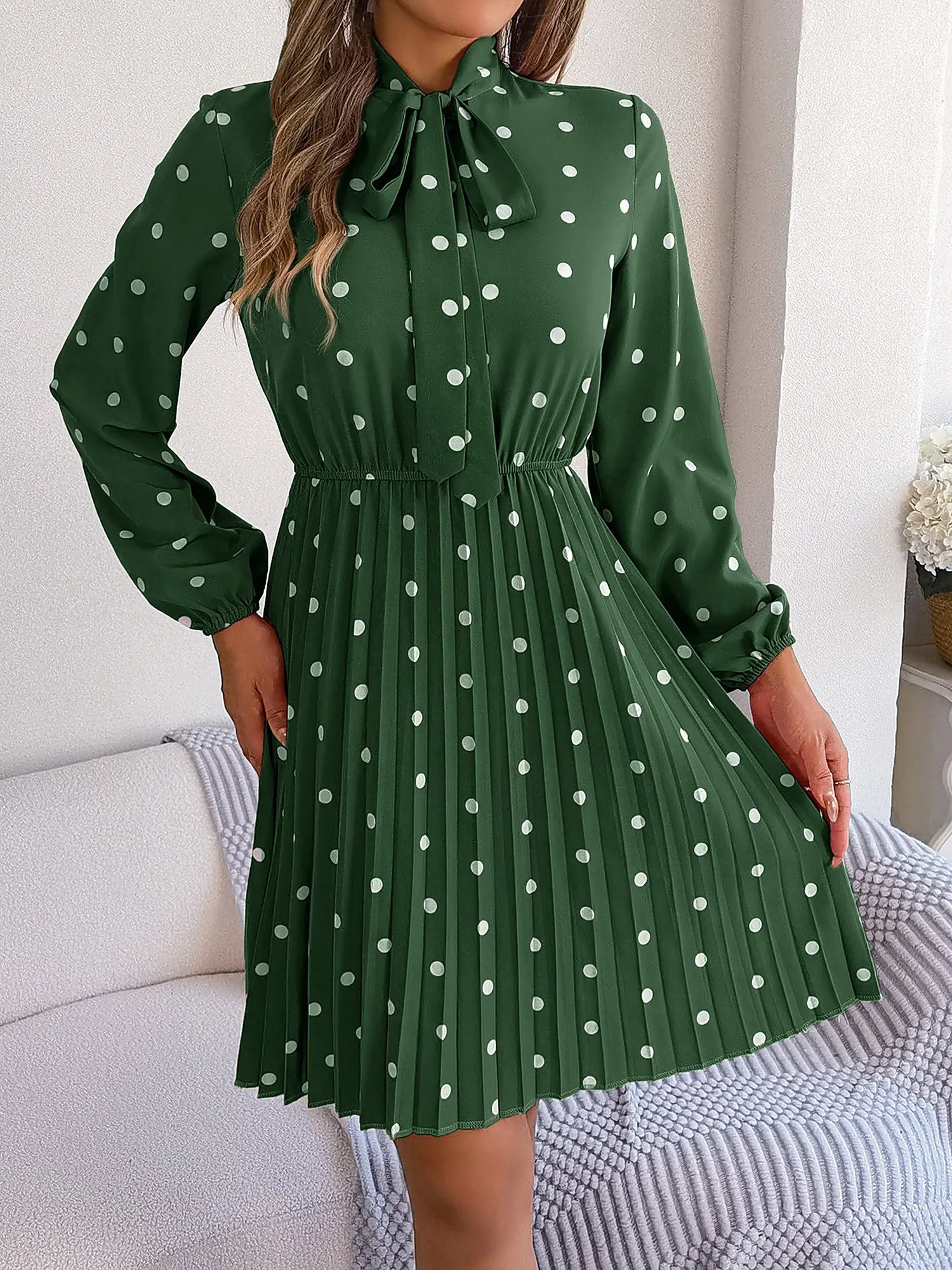 Polka Dot Bow Tie Neck Long Sleeve Pleated Dress sold by Allegra K