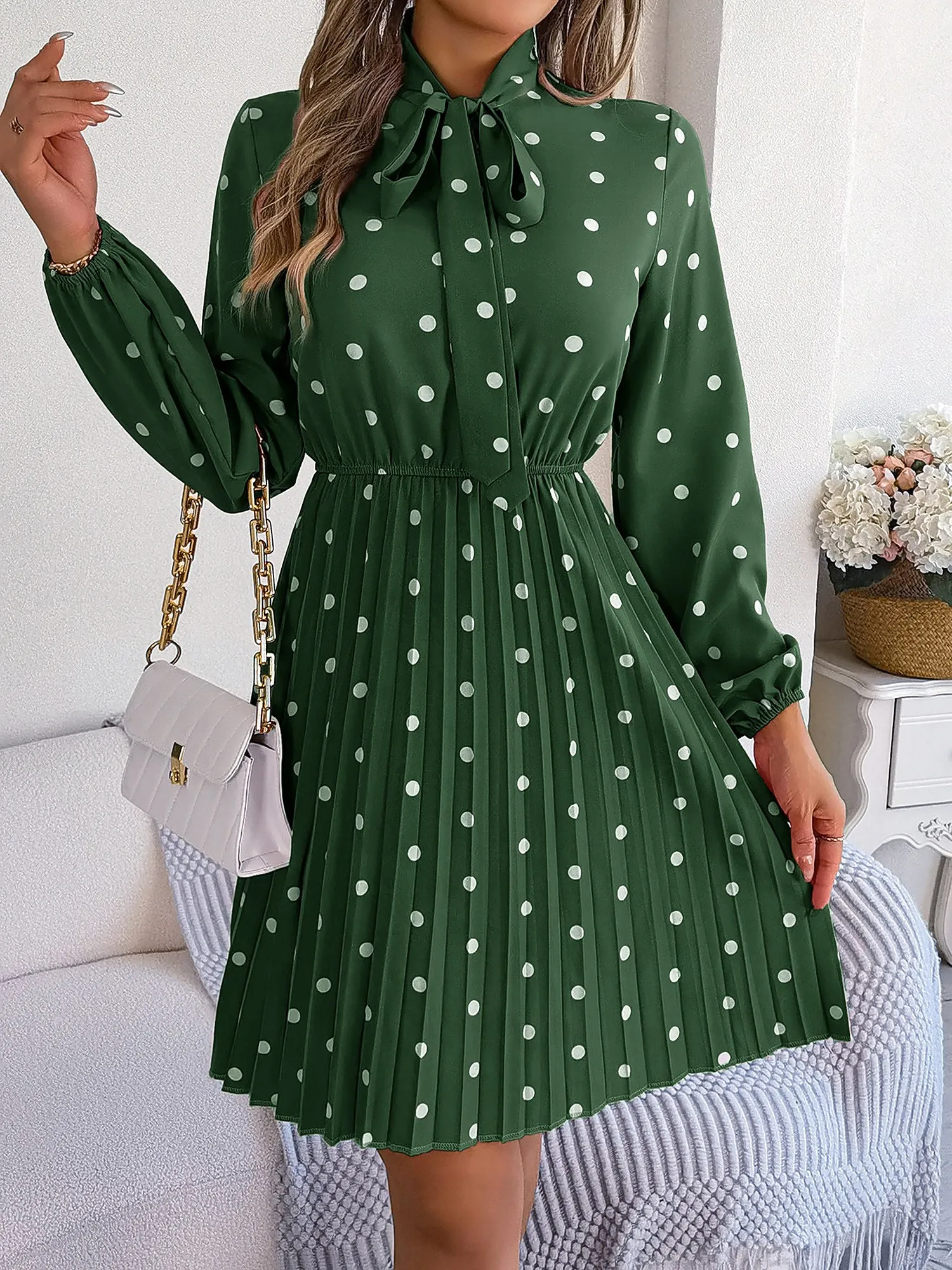 Polka Dot Bow Tie Neck Long Sleeve Pleated Dress sold by Allegra K product image thumbnail 5