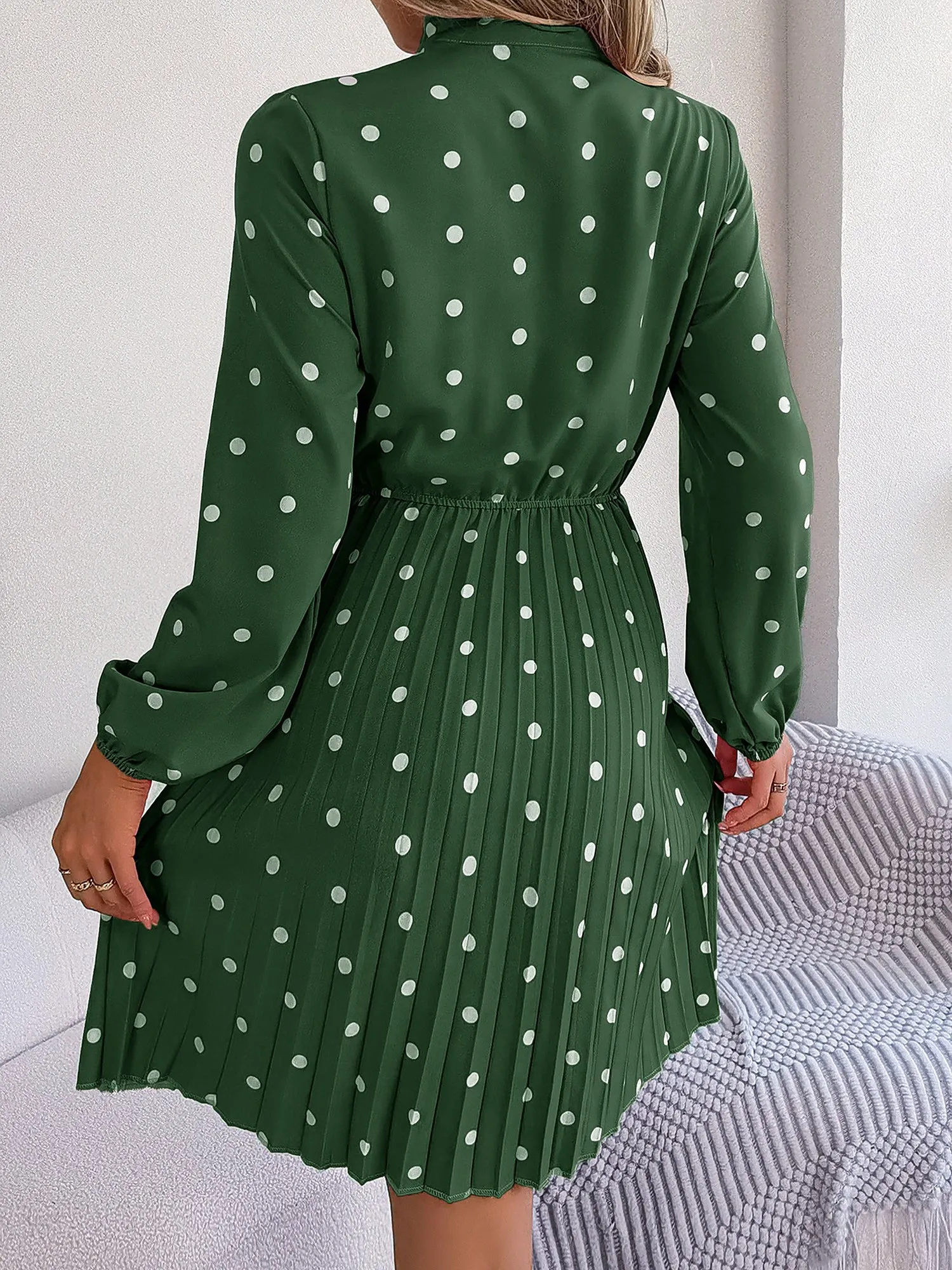 Polka Dot Bow Tie Neck Long Sleeve Pleated Dress sold by Allegra K product image thumbnail 2