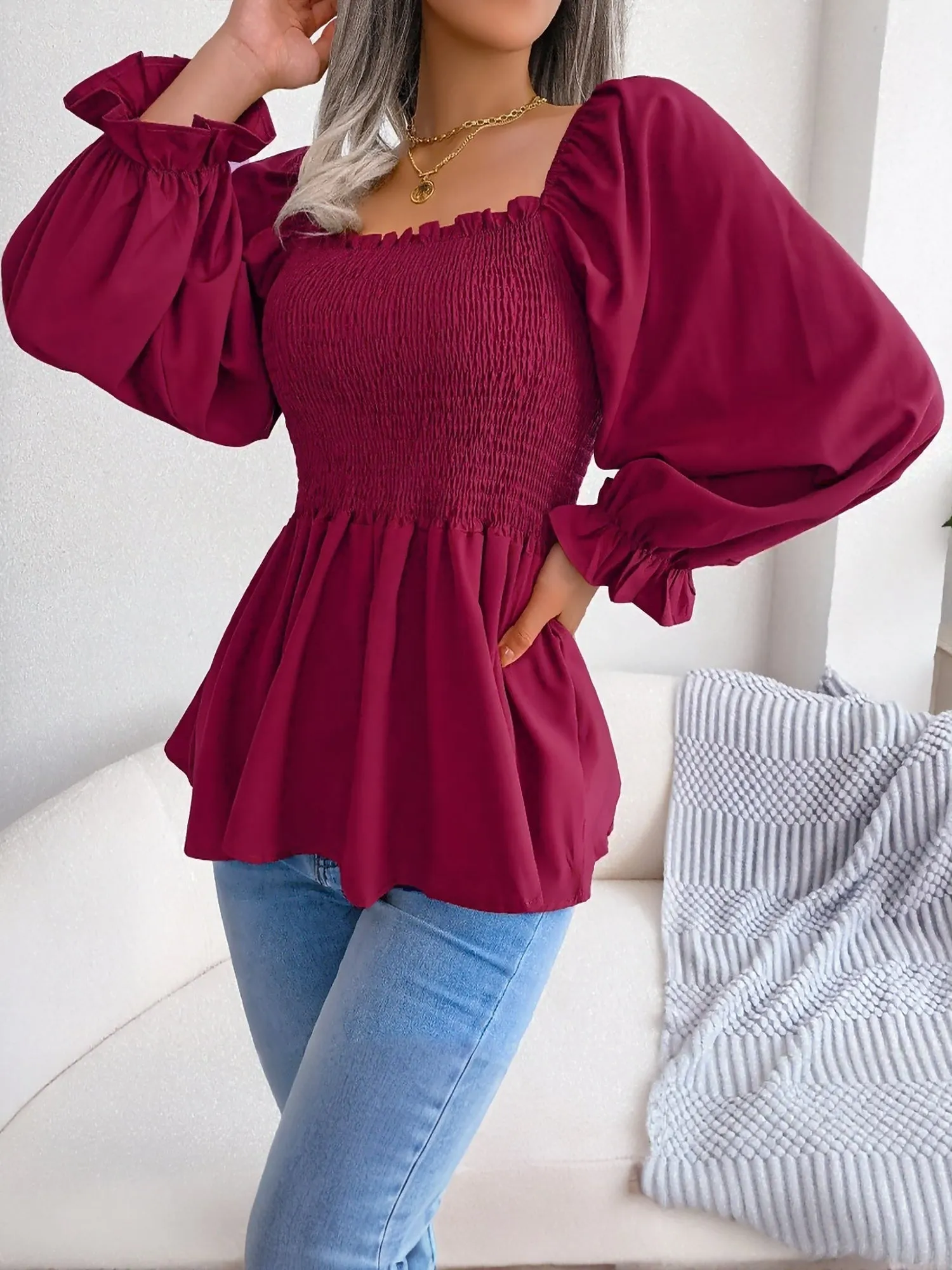 Ruffle Square Neck Smocked Long Sleeves Peplum Blouse sold by Allegra K product image thumbnail 5