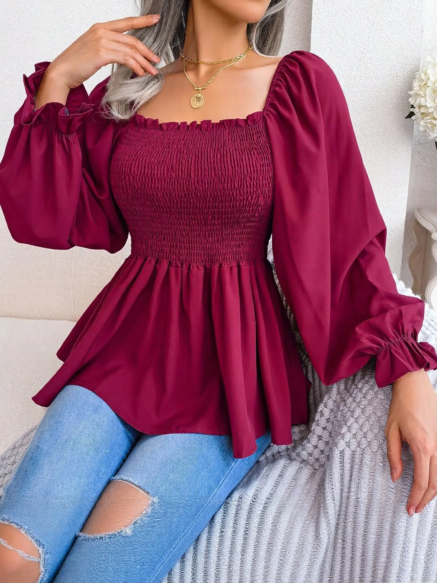 Ruffle Square Neck Smocked Long Sleeves Peplum Blouse sold by Allegra K product image thumbnail 3
