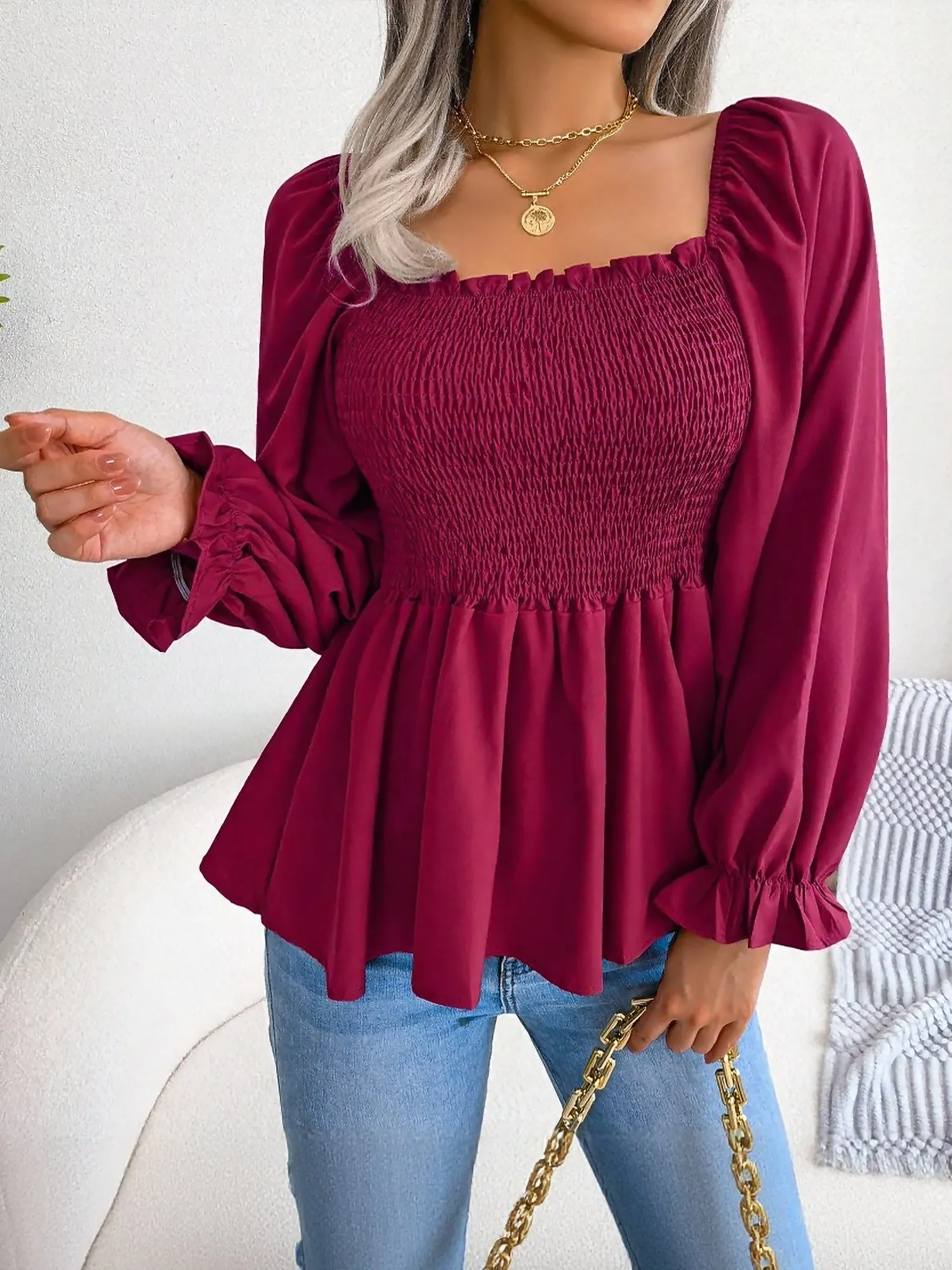 Ruffle Square Neck Smocked Long Sleeves Peplum Blouse sold by Allegra K