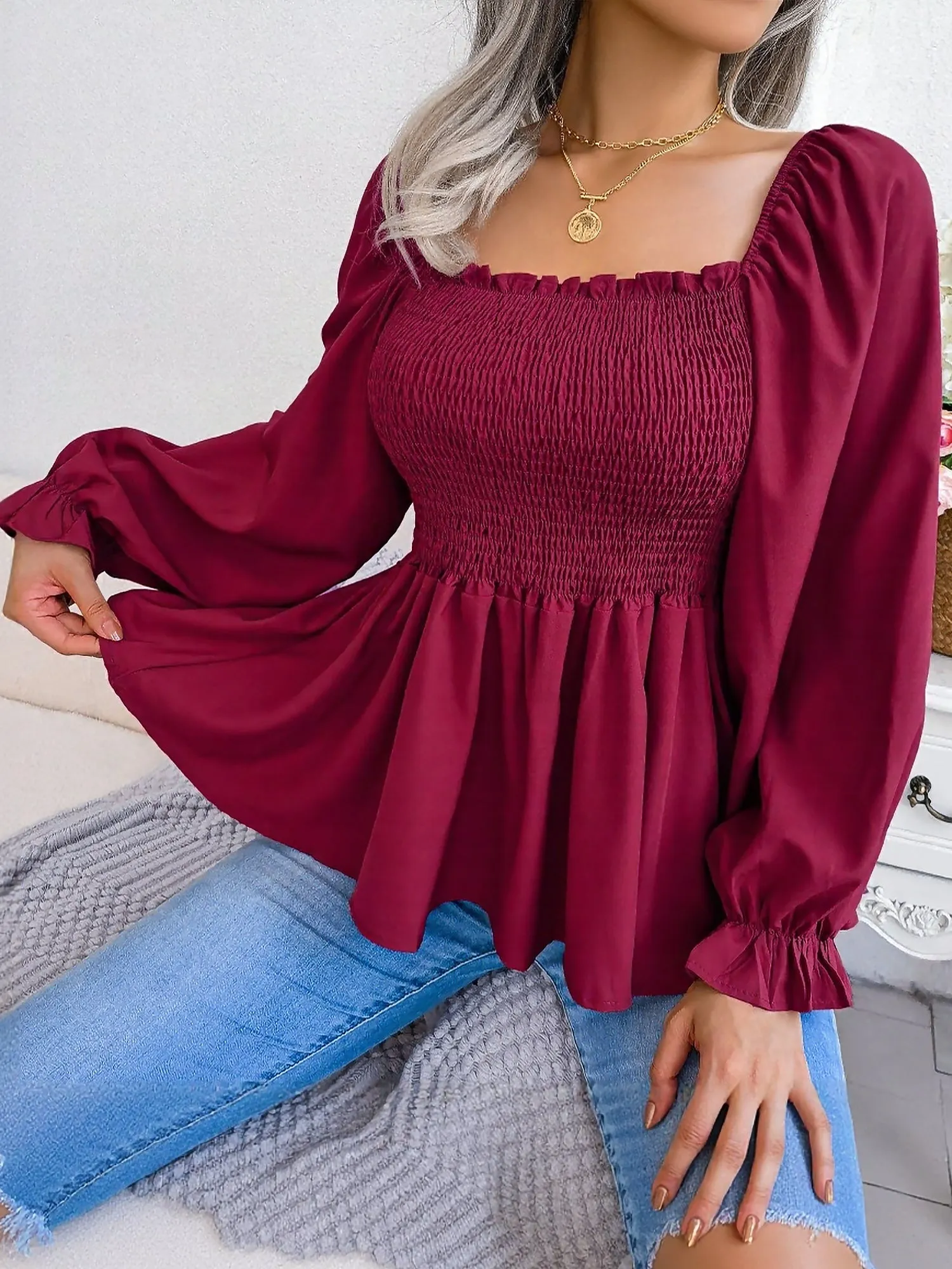Ruffle Square Neck Smocked Long Sleeves Peplum Blouse sold by Allegra K product image thumbnail 4
