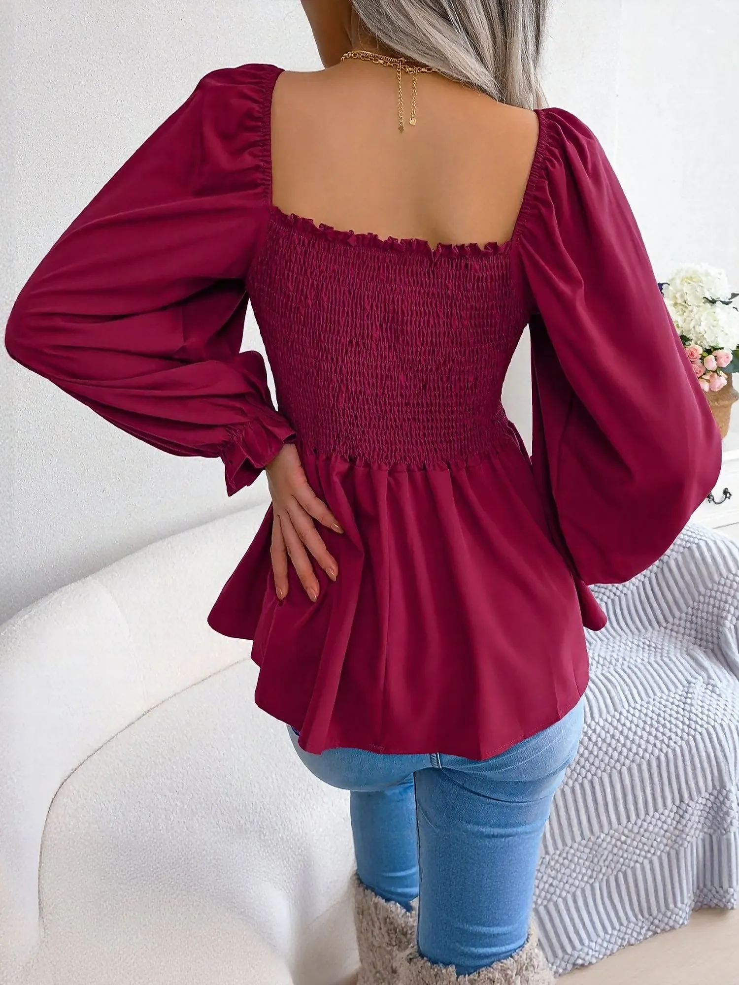 Ruffle Square Neck Smocked Long Sleeves Peplum Blouse sold by Allegra K product image thumbnail 2