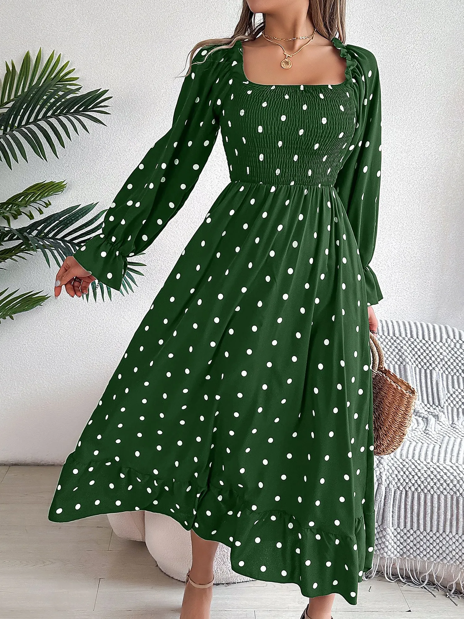 Ruffle Square Neck Smocked Polka Dot Midi A-Line Dress sold by Allegra K product image thumbnail 3