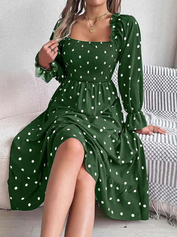 Ruffle Square Neck Smocked Polka Dot Midi A-Line Dress sold by Allegra K