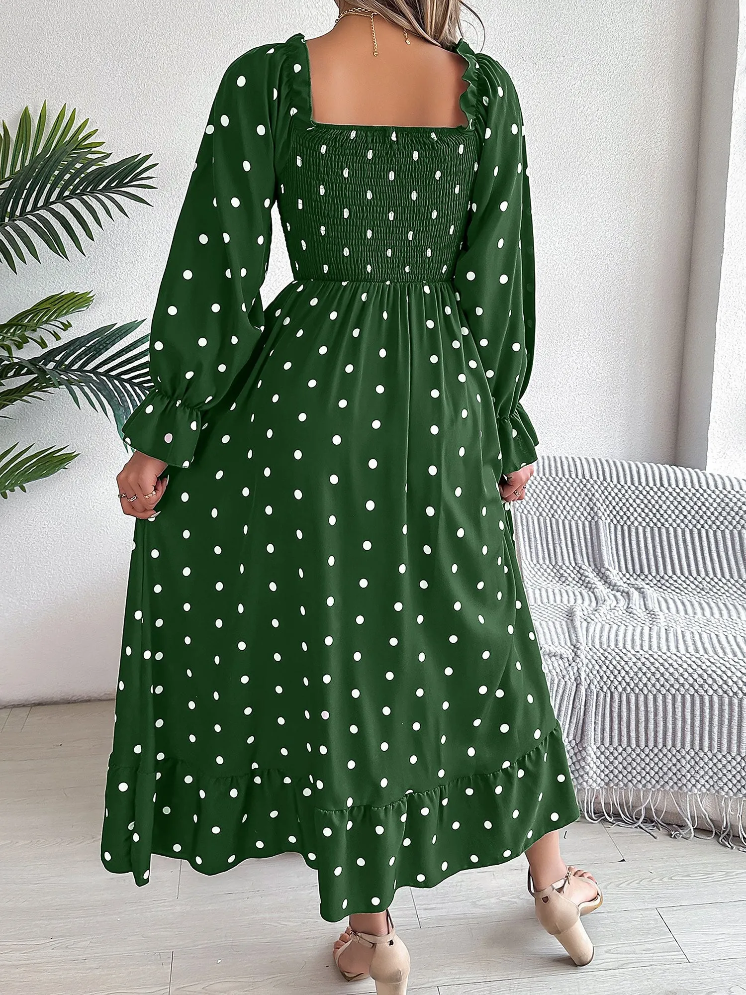 Ruffle Square Neck Smocked Polka Dot Midi A-Line Dress sold by Allegra K product image thumbnail 2