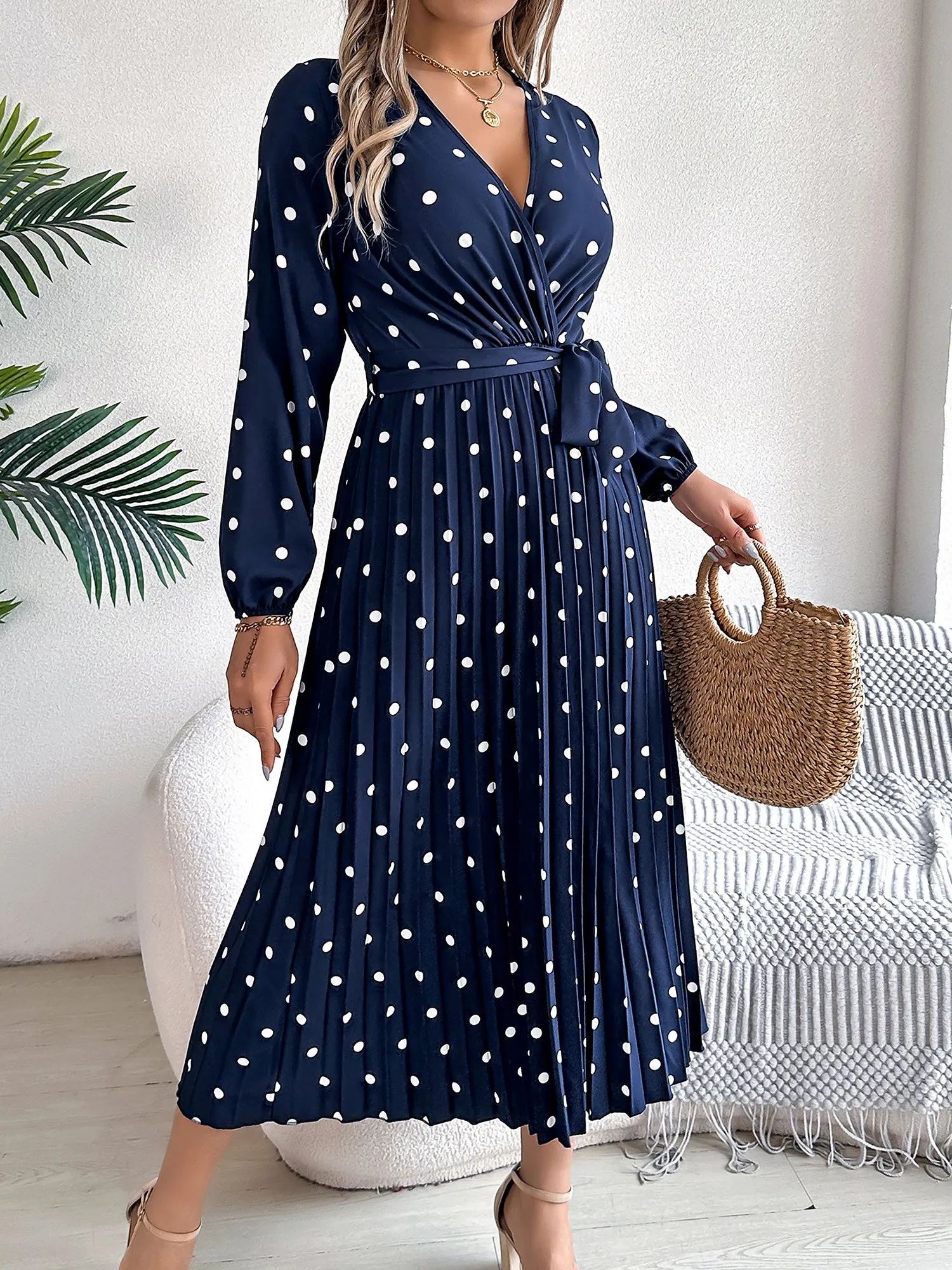 Polka Dot V Neck Pleated Midi A-Line Dress sold by Allegra K product image thumbnail 5