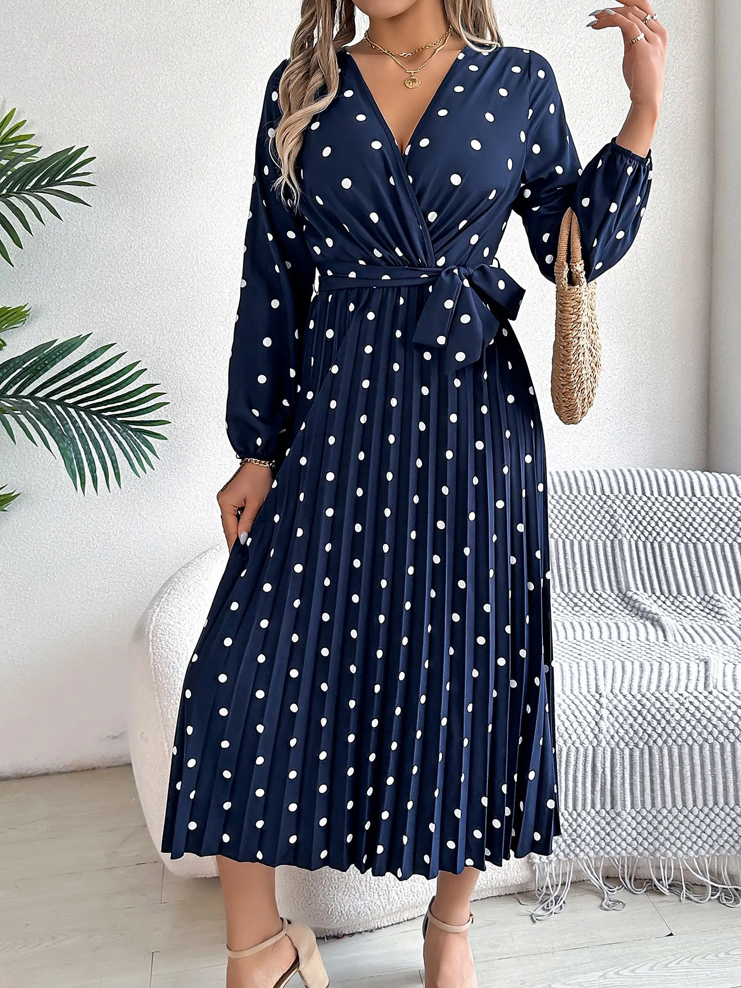 Polka Dot V Neck Pleated Midi A-Line Dress sold by Allegra K product image thumbnail 4