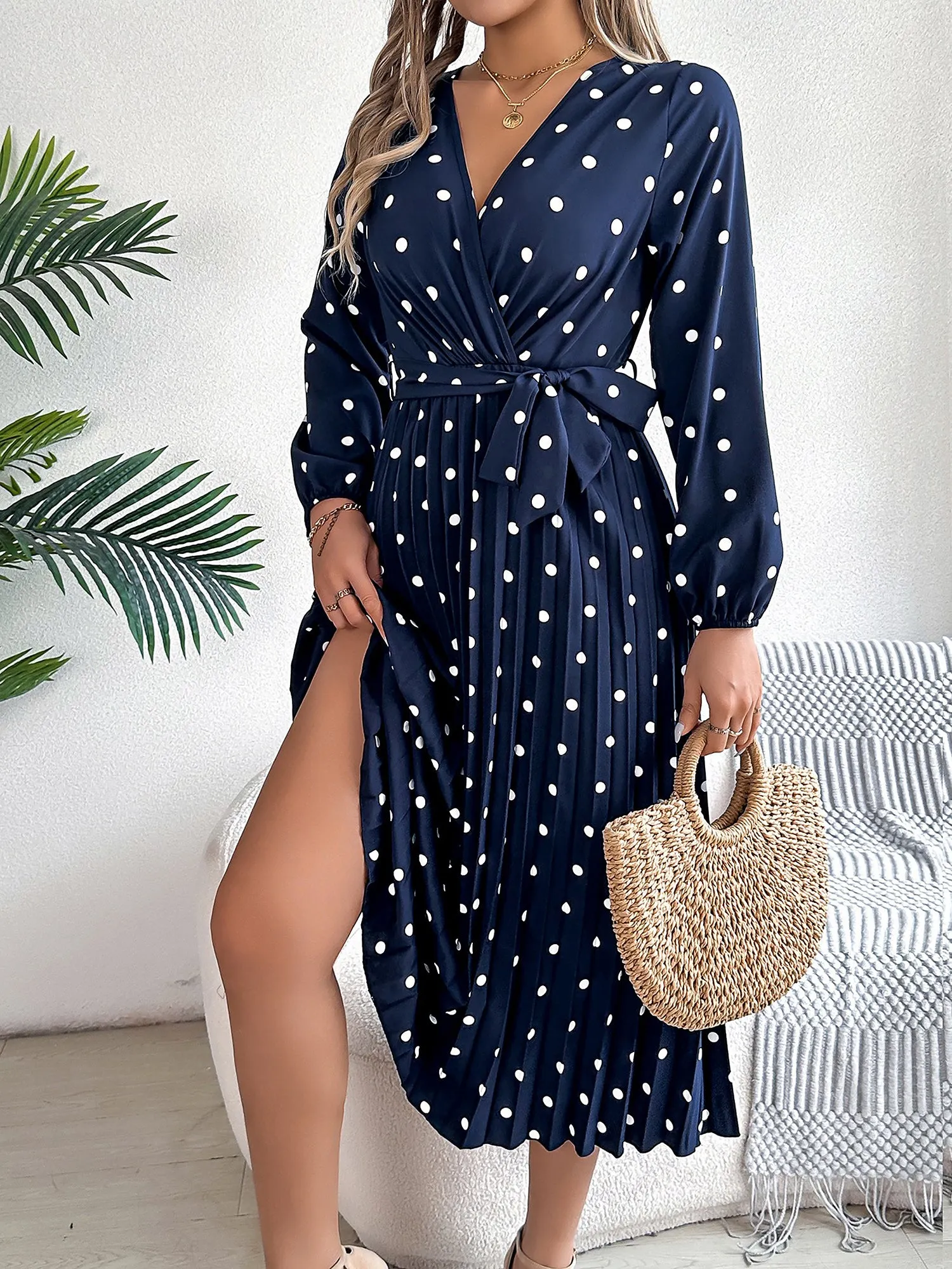 Polka Dot V Neck Pleated Midi A-Line Dress sold by Allegra K product image thumbnail 3