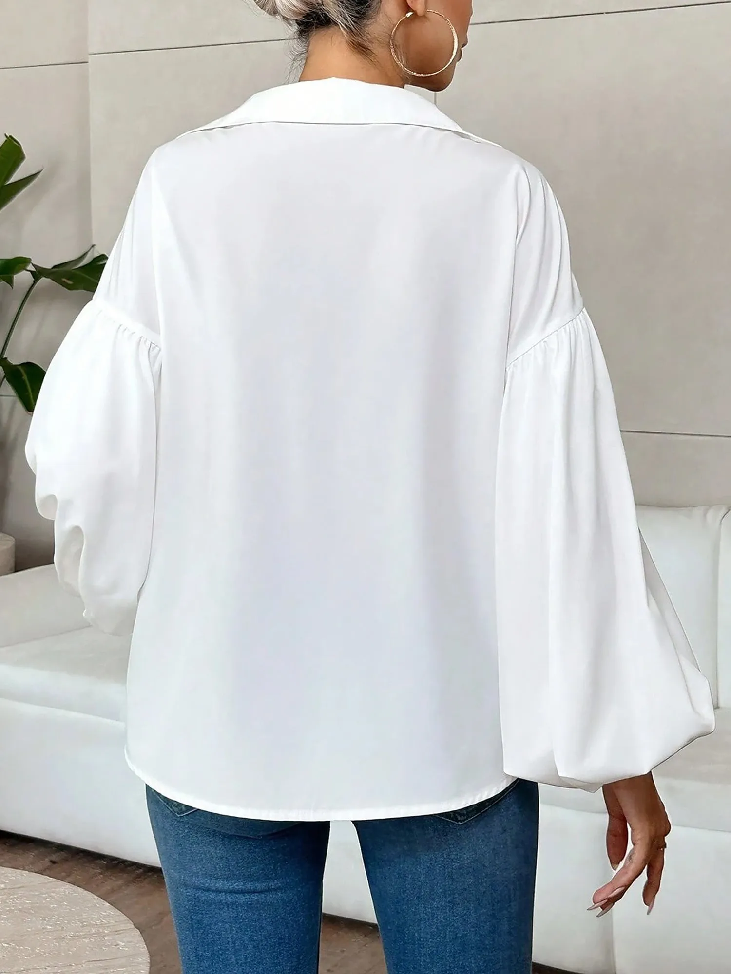 Collar V Neck Puff Long Sleeves Solid Color Blouse sold by Allegra K product image thumbnail 2