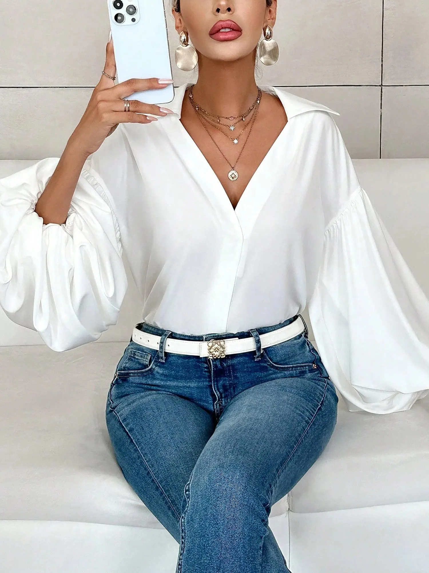 Collar V Neck Puff Long Sleeves Solid Color Blouse sold by Allegra K product image thumbnail 5