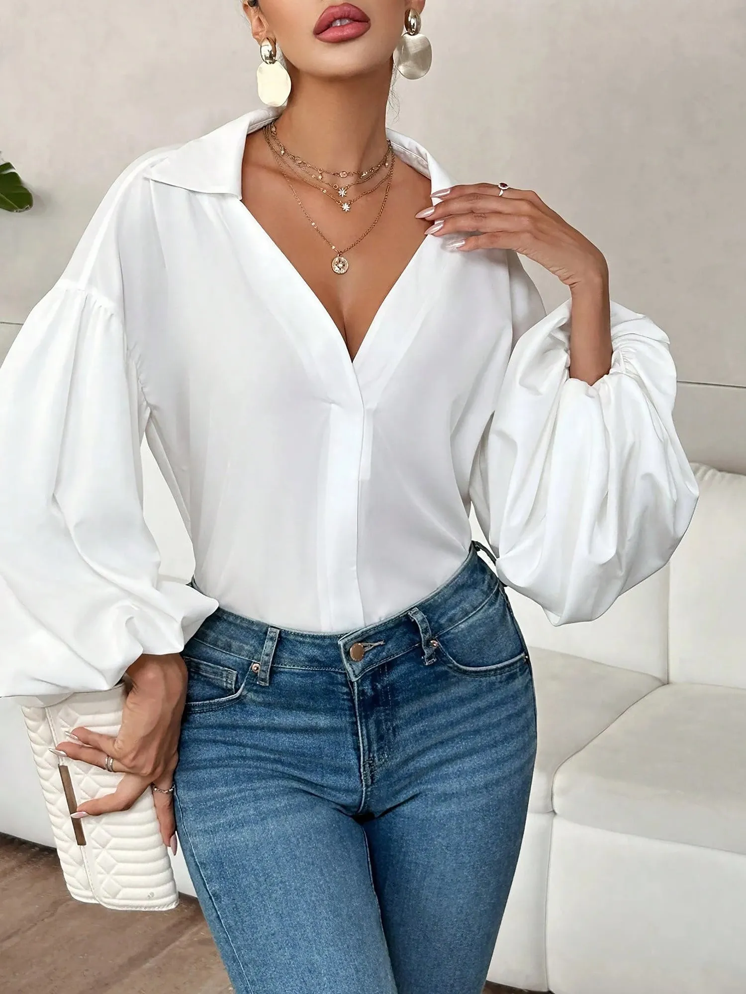 Collar V Neck Puff Long Sleeves Solid Color Blouse sold by Allegra K product image thumbnail 4