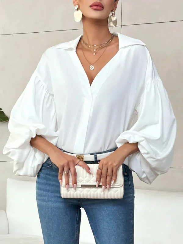 Collar V Neck Puff Long Sleeves Solid Color Blouse sold by Allegra K