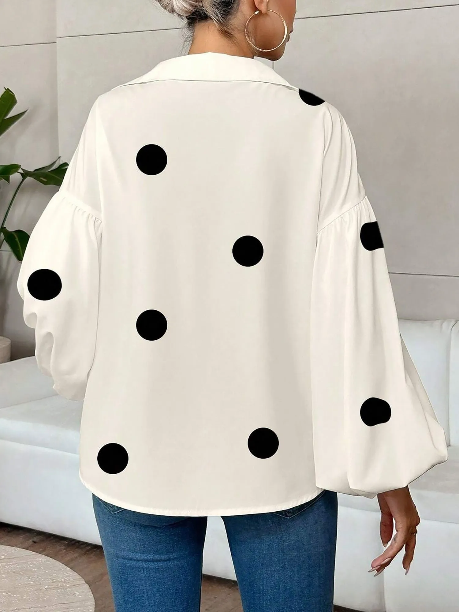 Collar V Neck Polka Dot Puff Long Sleeves Casual Blouse sold by Allegra K product image thumbnail 2