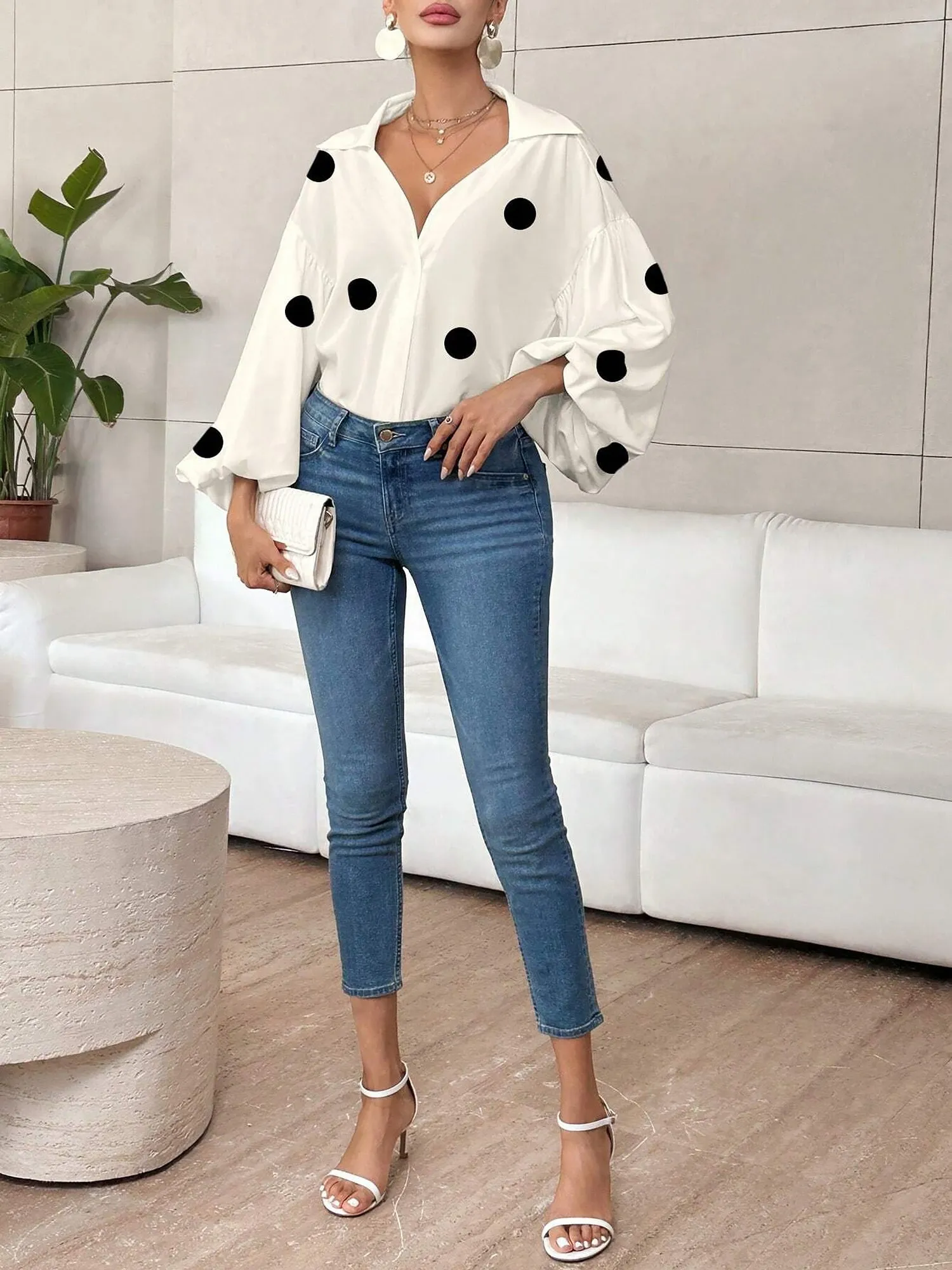 Collar V Neck Polka Dot Puff Long Sleeves Casual Blouse sold by Allegra K product image thumbnail 3