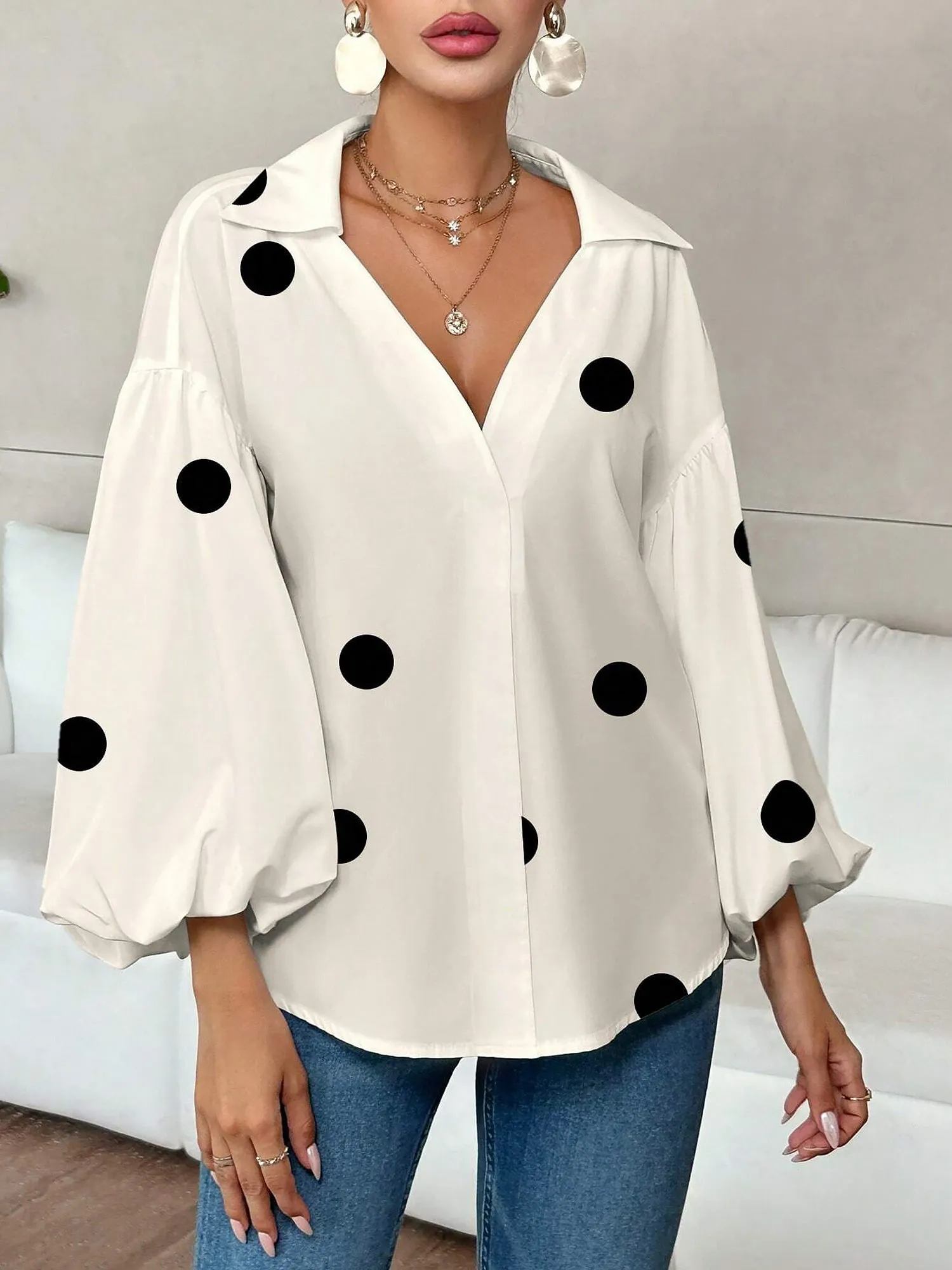Collar V Neck Polka Dot Puff Long Sleeves Casual Blouse sold by Allegra K product image thumbnail 4