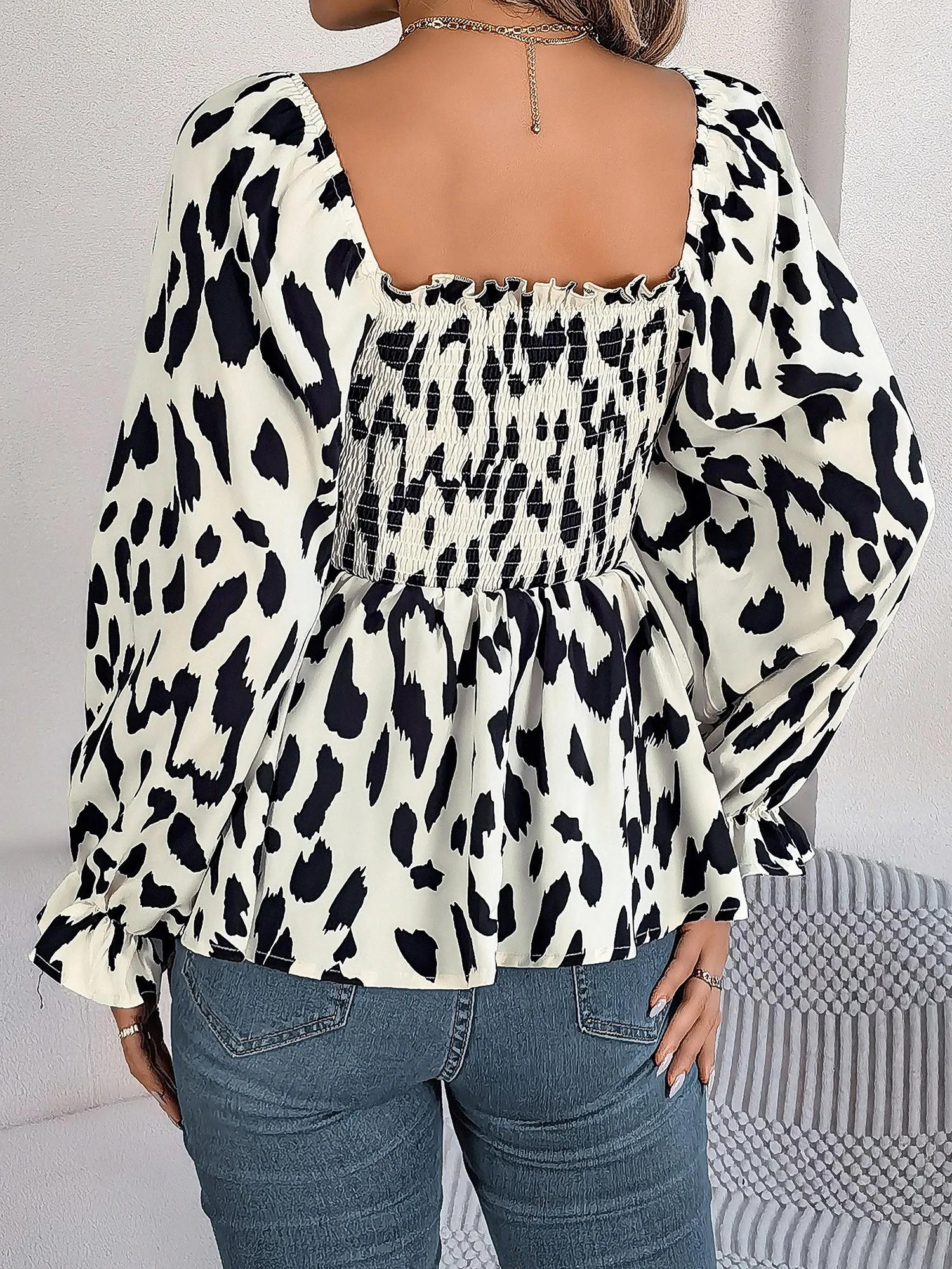 Square Neck Leopard Print Smocked Peplum Blouse sold by Allegra K product image thumbnail 2