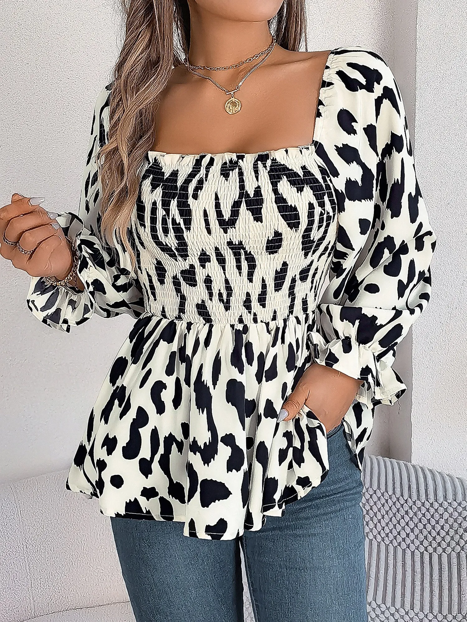 Square Neck Leopard Print Smocked Peplum Blouse sold by Allegra K product image thumbnail 4