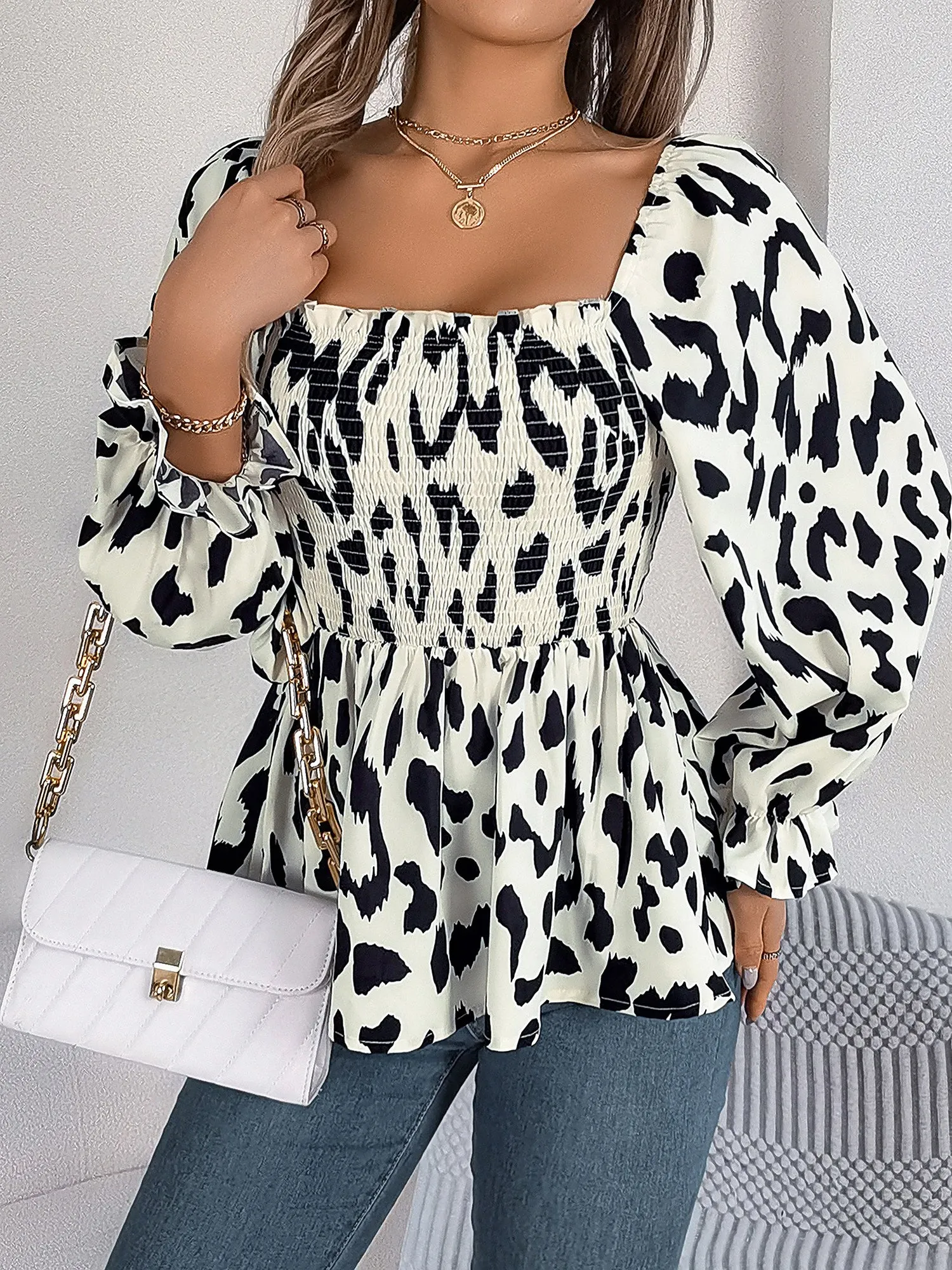 Square Neck Leopard Print Smocked Peplum Blouse sold by Allegra K product image thumbnail 5