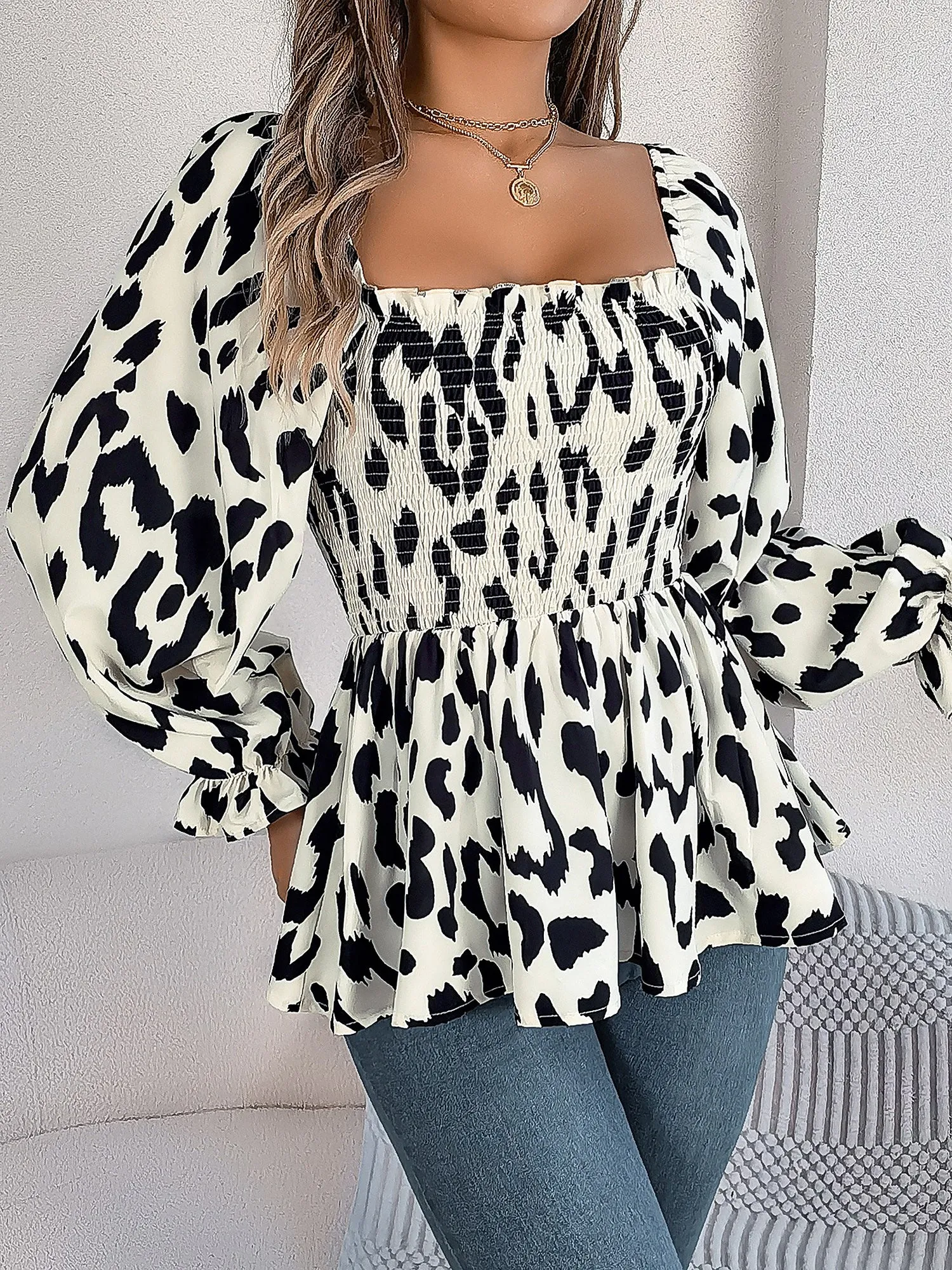 Square Neck Leopard Print Smocked Peplum Blouse sold by Allegra K product image thumbnail 3