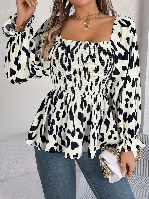 Square Neck Leopard Print Smocked Peplum Blouse sold by Allegra K