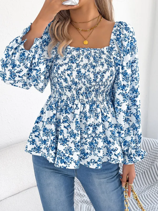 Smocked Square Neck Long Sleeve Floral Peplum Blouse sold by Allegra K
