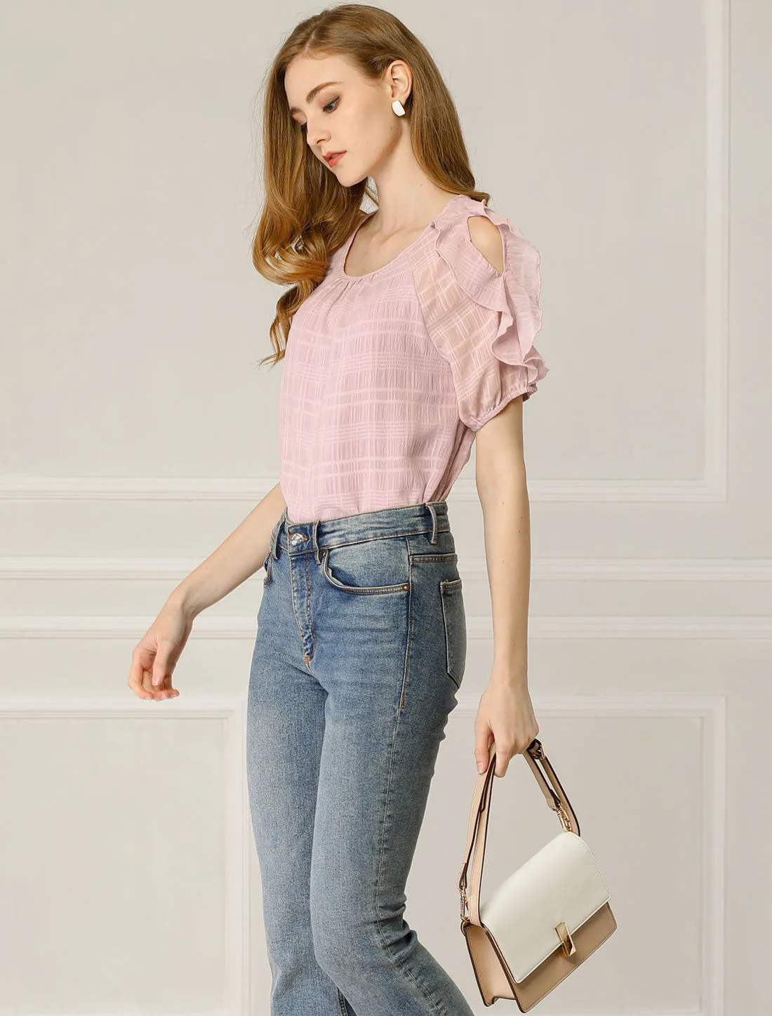Ruffled Blouse Boat Neck Chiffon Out Shoulder Short Sleeve Tops sold by Allegra K product image thumbnail 3