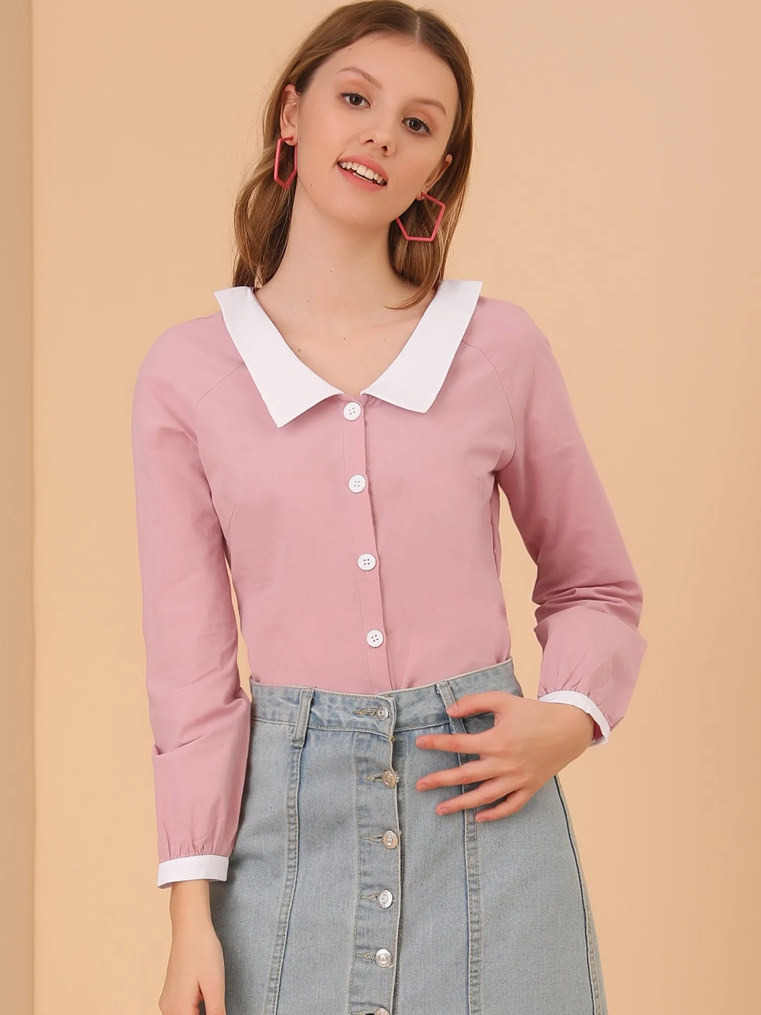 Long Sleeve Buttons Contrast Peter Pan Collar Shirt sold by Allegra K product image thumbnail 2