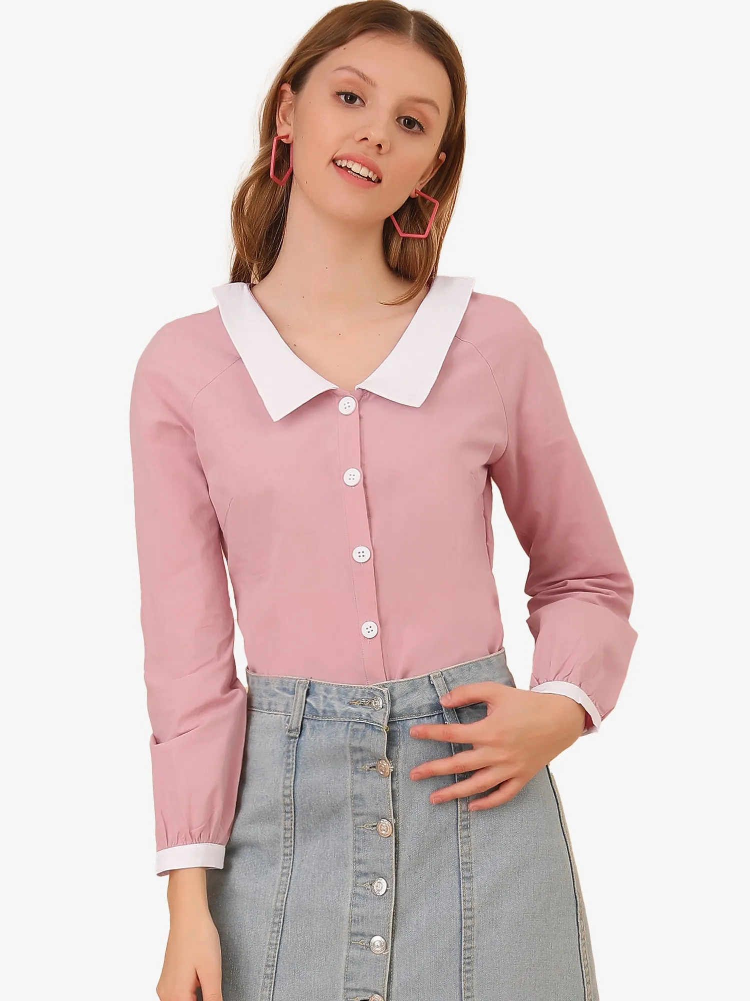 Long Sleeve Buttons Contrast Peter Pan Collar Shirt sold by Allegra K