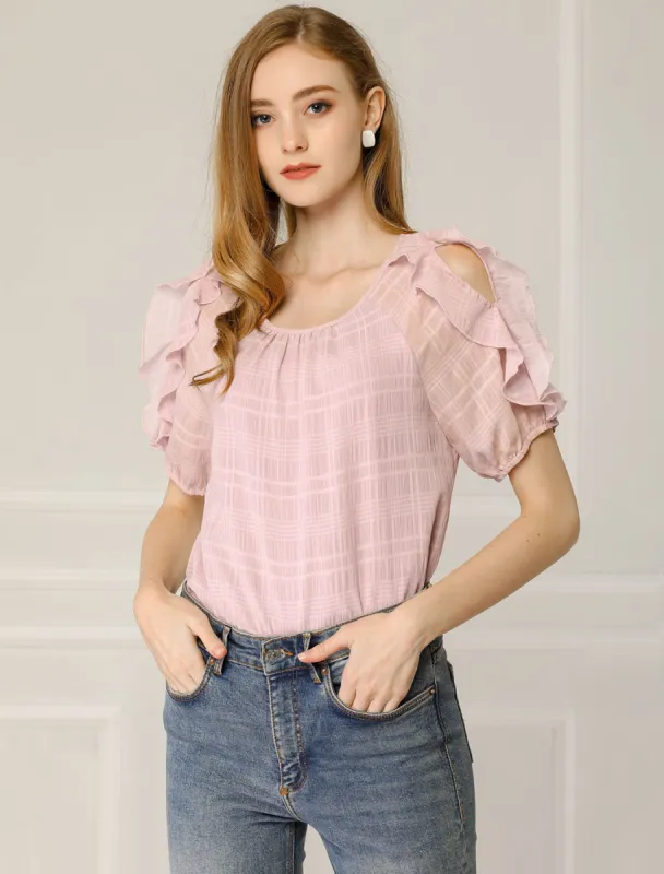 Ruffled Blouse Boat Neck Chiffon Out Shoulder Short Sleeve Tops sold by Allegra K